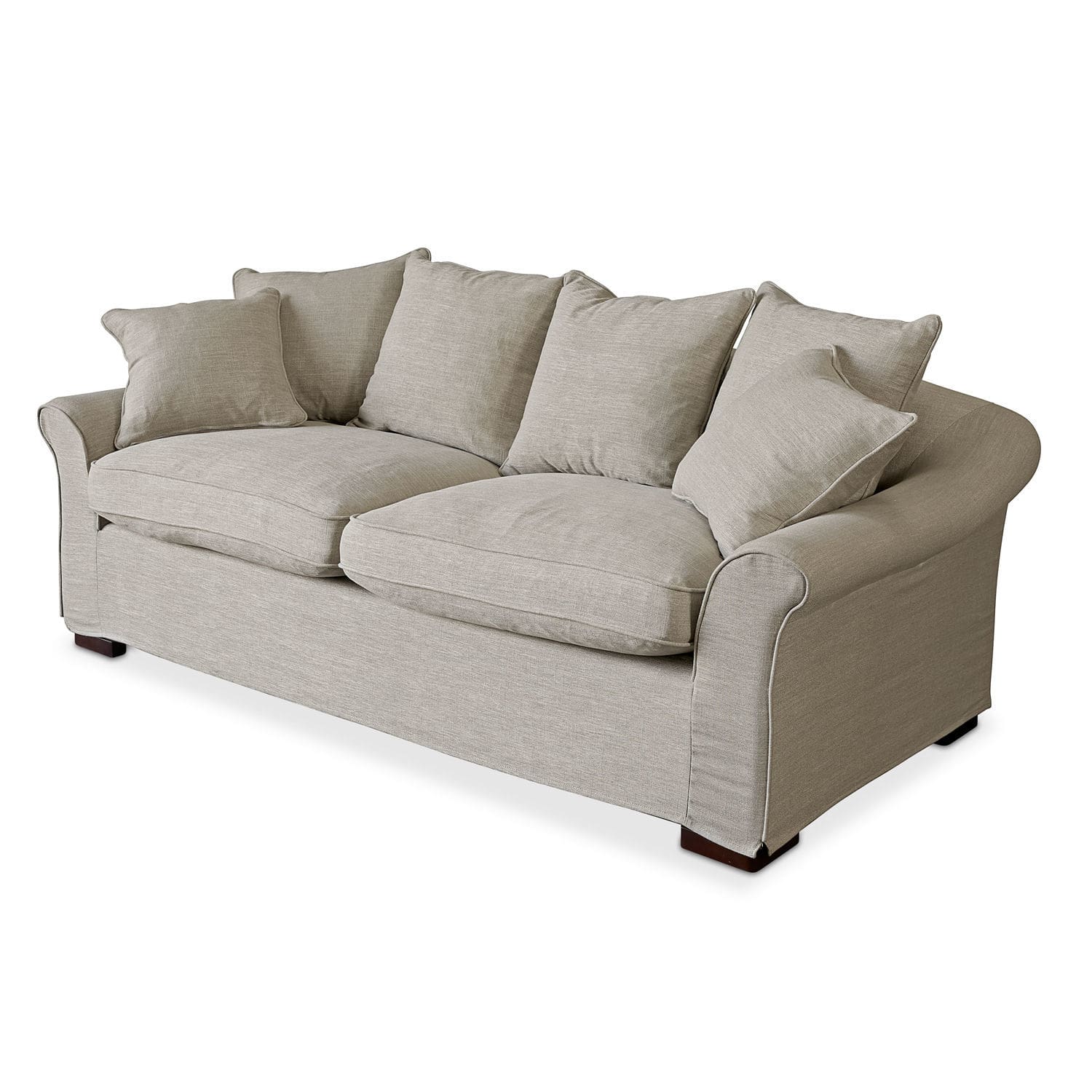 Bank Long Beach Beige gestoffeerde bank met zachte kussens en houten poten, comfortabele woonkamermeubel