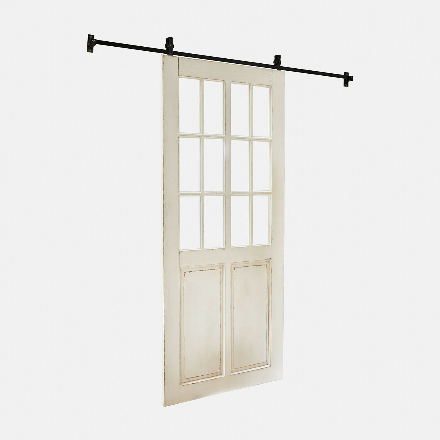 Schuifdeur Sorelles Witte houten schuifdeur met glas en zwarte metalen rail voor binnengebruik