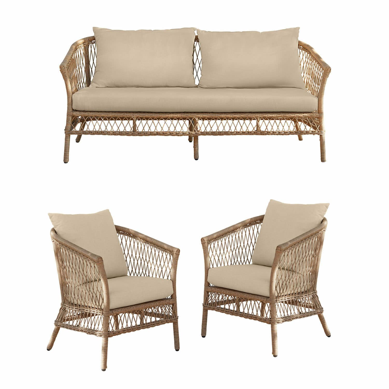 Zithoek Farington Tuinmeubelset van natuurlijk rattan met beige kussens, comfortabele stoelen en bank