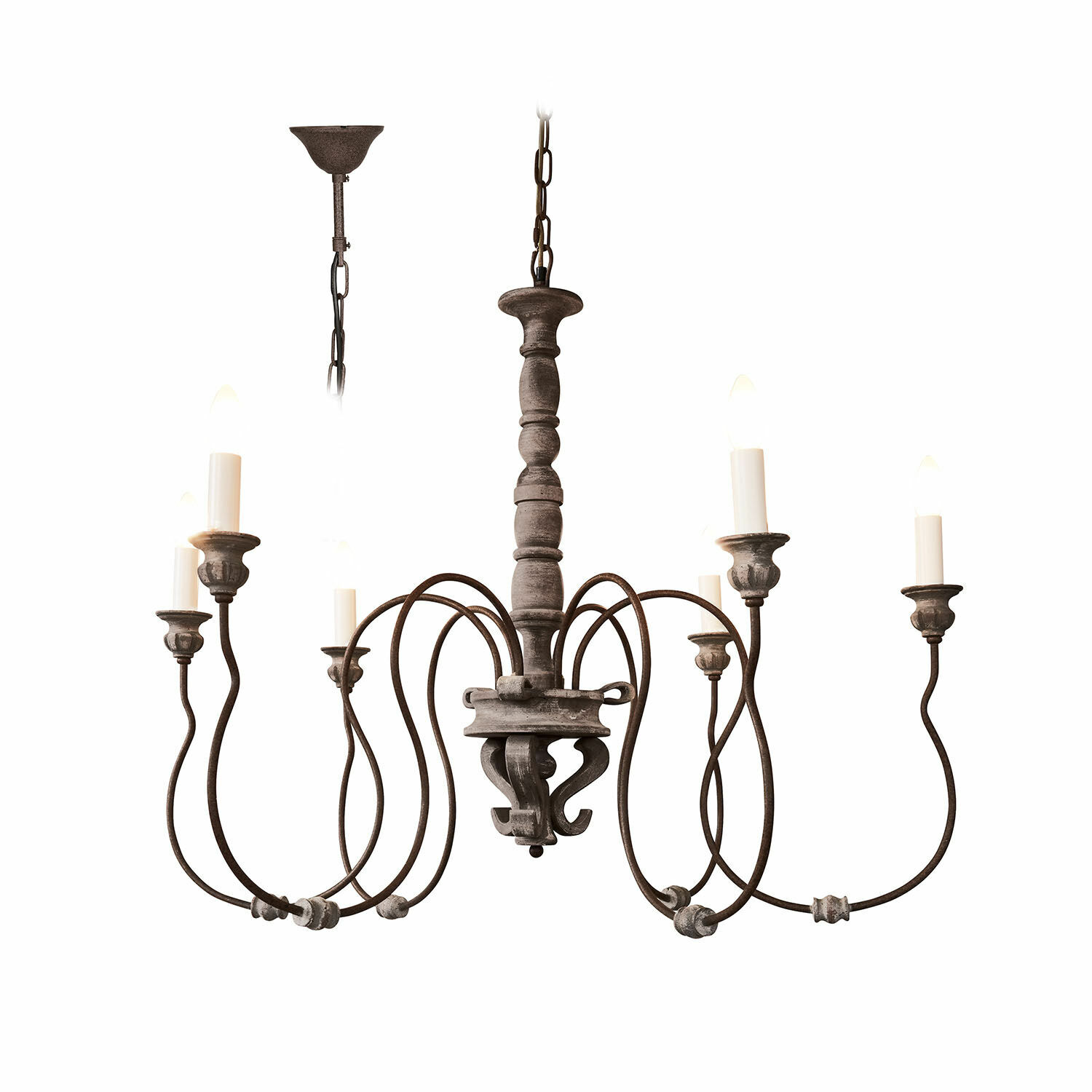 Lustre Gavrelle Lustre rustique en métal et bois marron avec six bougies, idéal pour salon ou salle à manger