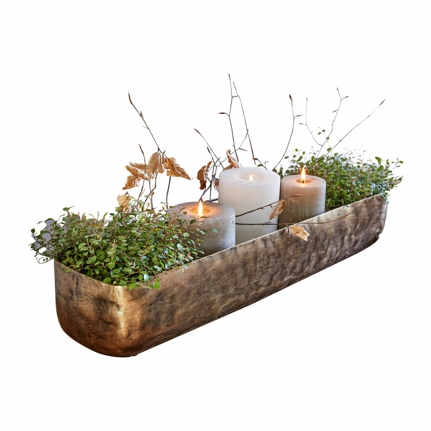 Schaal Skye Decoratief metalen dienblad in messingkleur met drie kaarsen en groene planten voor binnen