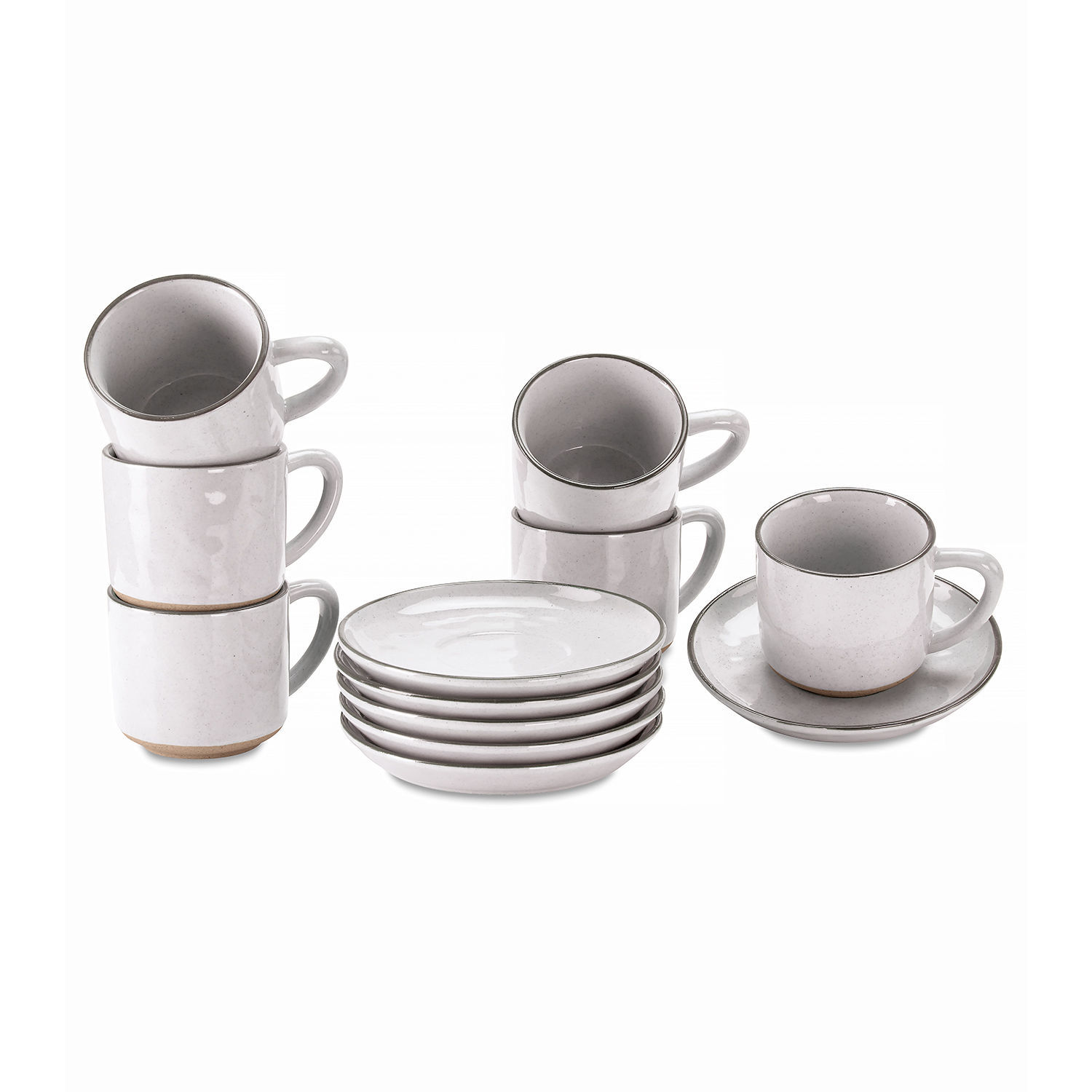 Lot de 6 tasses et soucoupes Biarré Ensemble de tasses et soucoupes en céramique blanche avec bord gris clair pour café et thé
