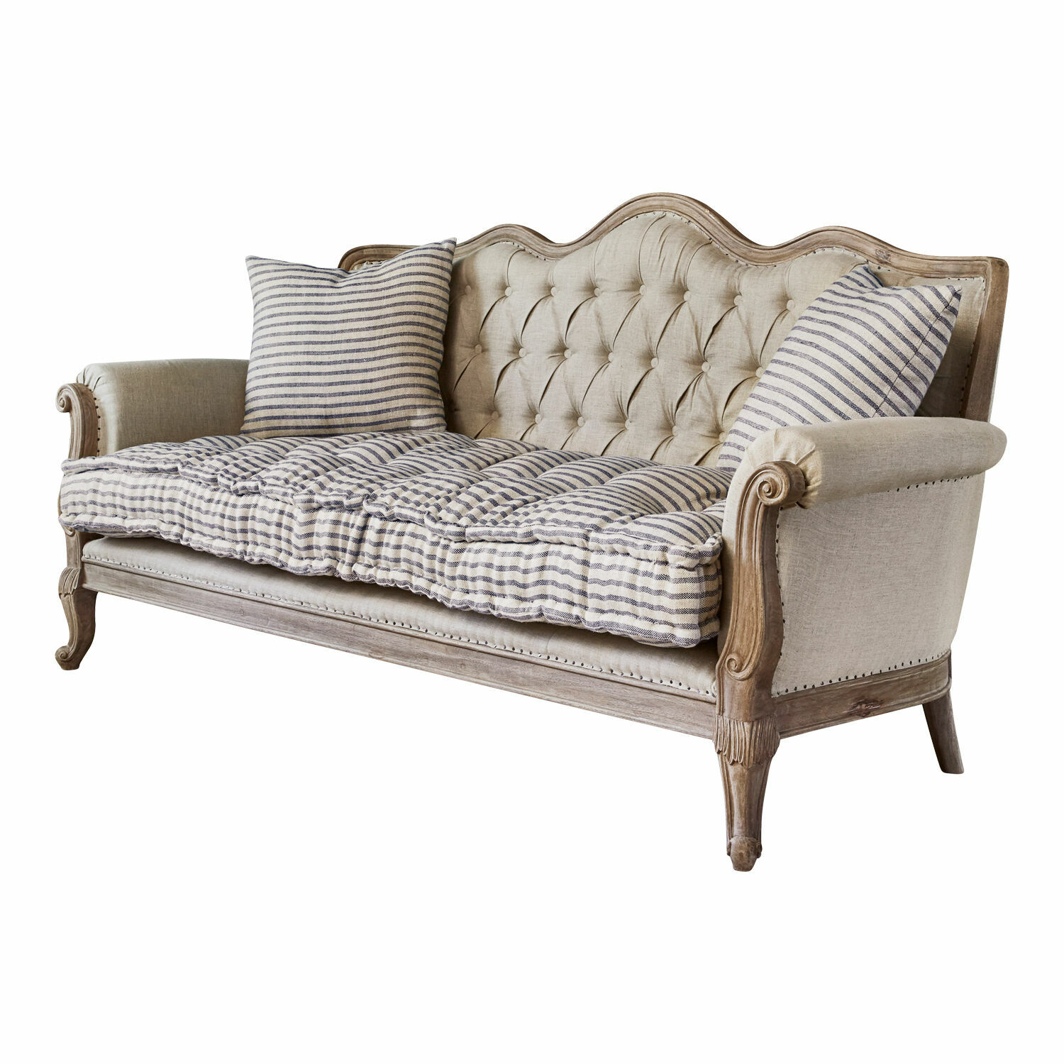 Bank Malabon Vintage bank met houten frame en beige bekleding, gestreepte kussens voor woonkamer