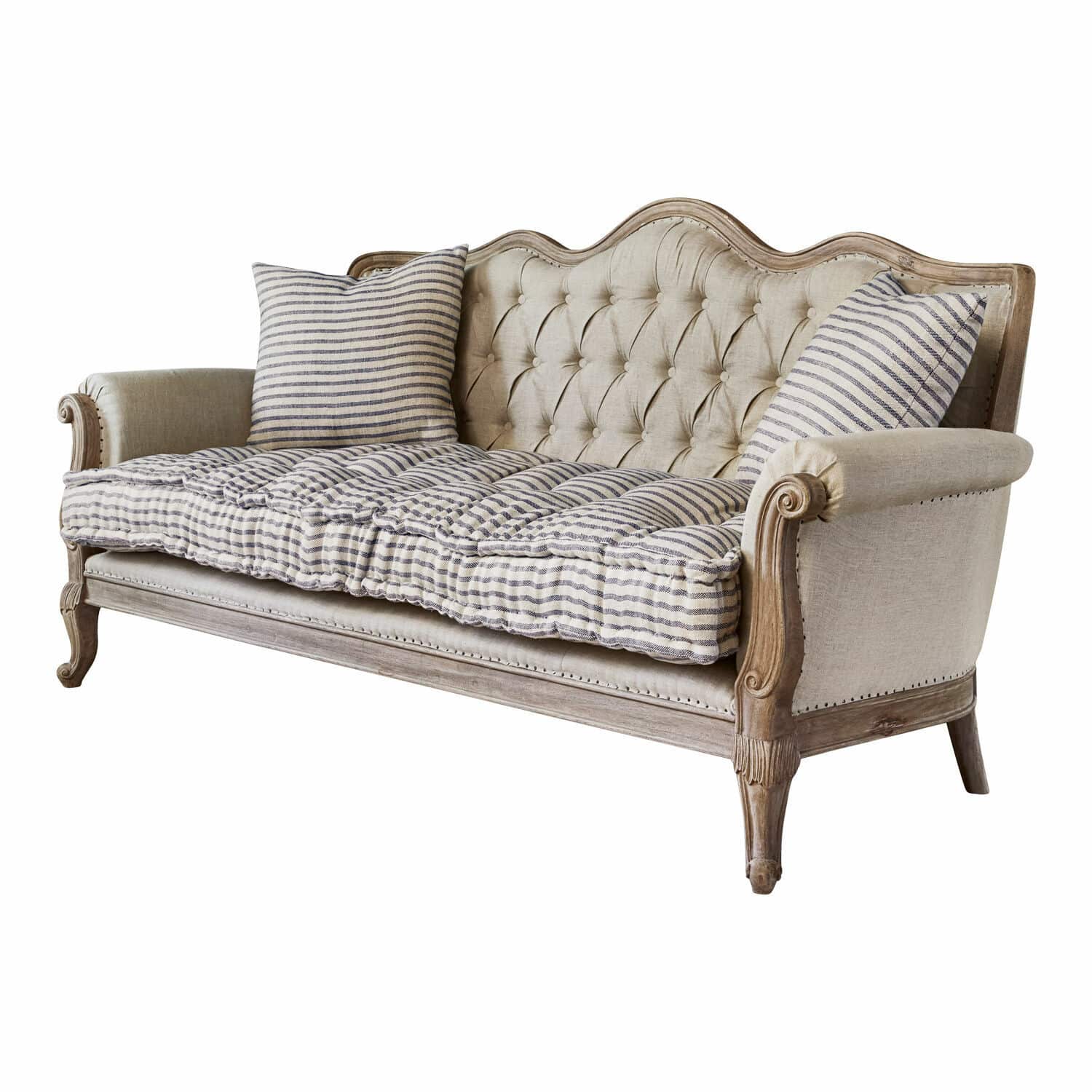 Bank Malabon Vintage bank met houten frame en beige bekleding, gestreepte kussens voor woonkamer