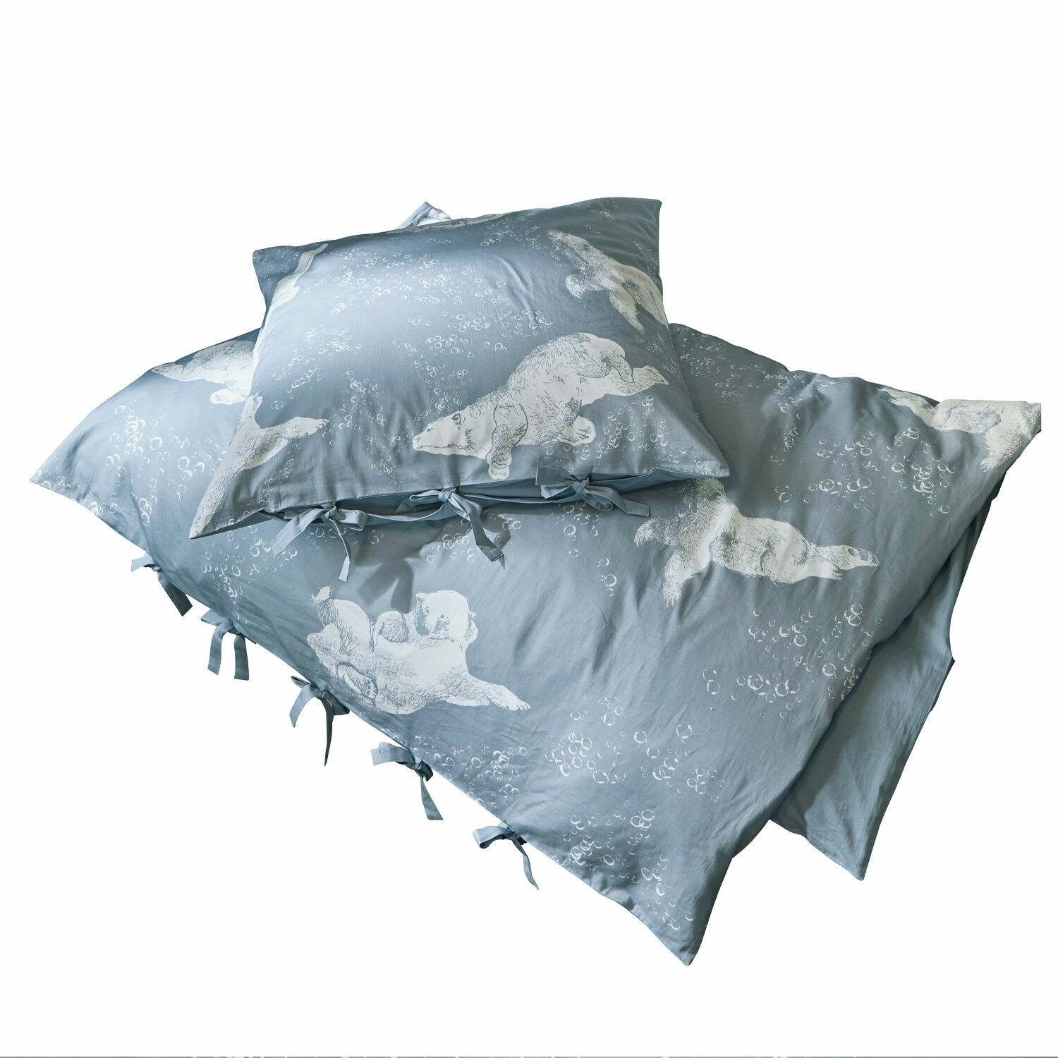 Dekbedovertrekset Hugo Blauw katoenen beddengoed met witte ijsbeerprint en strikjes, decoratief en comfortabel