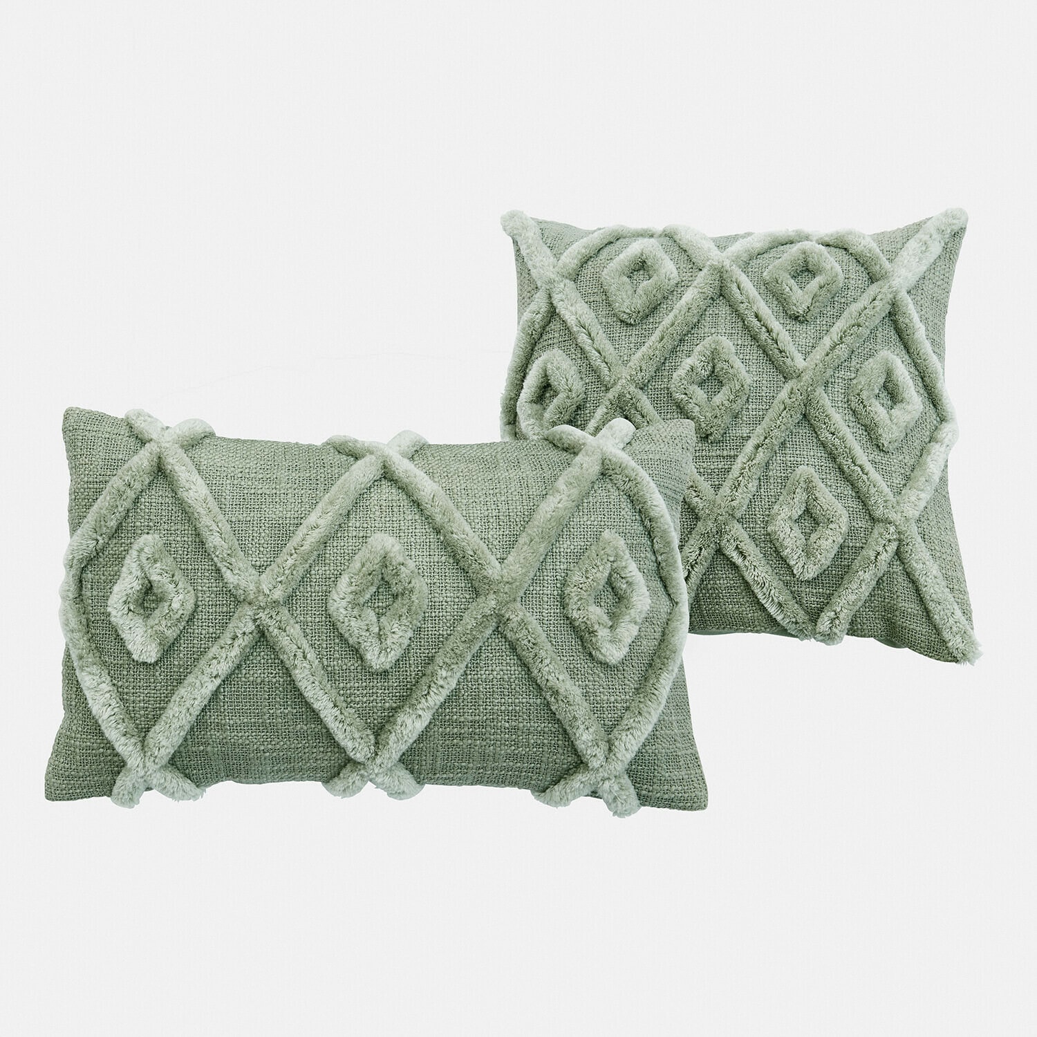 Ensemble de deux coussins verts avec motif géométrique doux et texture en tissu pour décoration intérieure