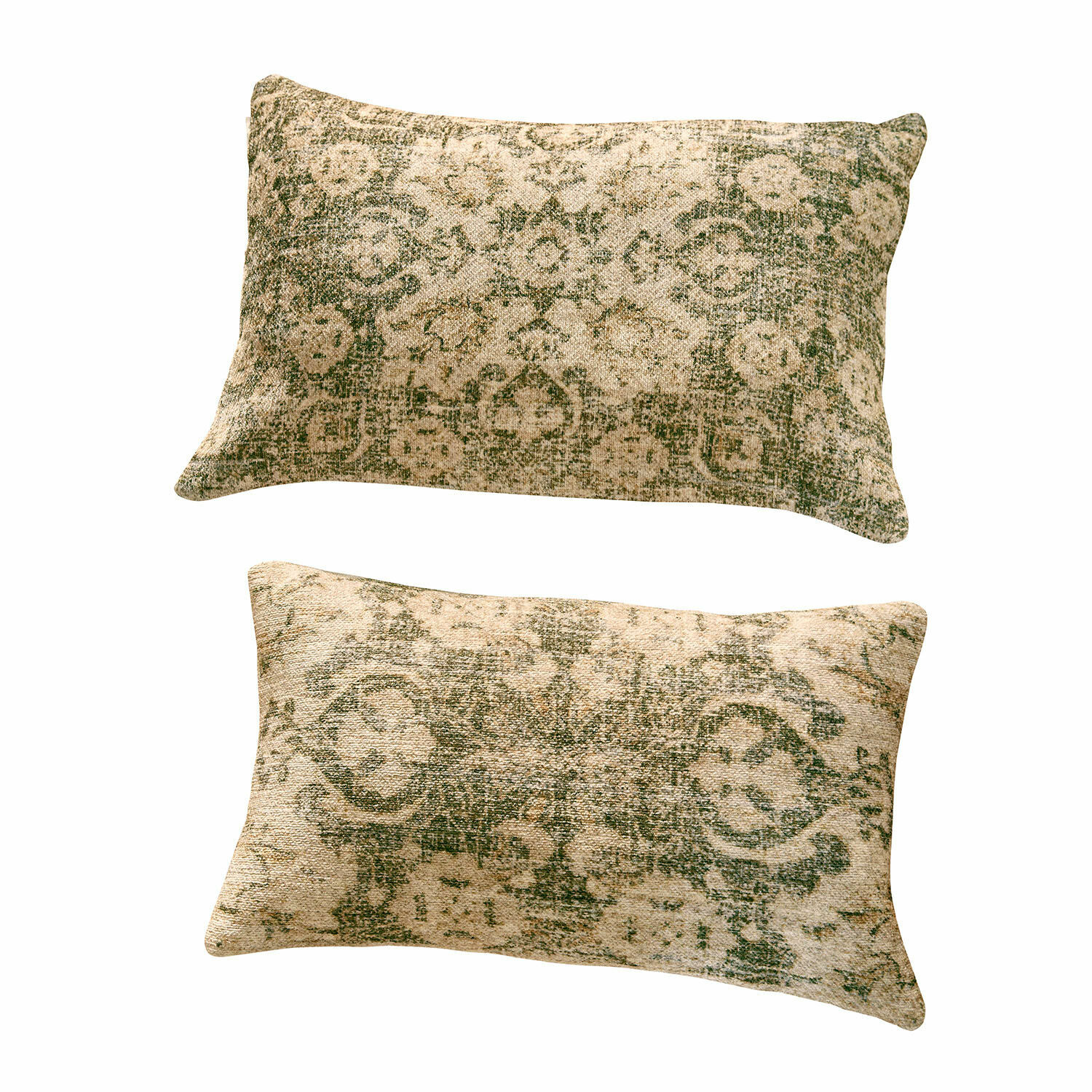 Kussenhoes set van 2 Calperino Set van twee rechthoekige sierkussens met groen patroon op beige stof, woontextiel