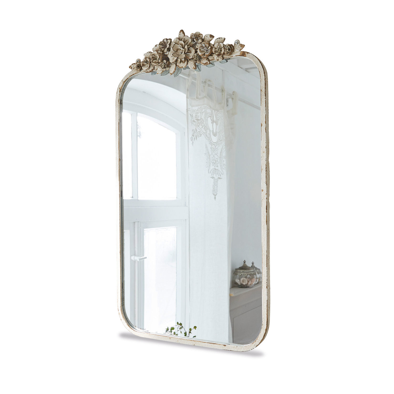 Miroir Veilleures Miroir mural avec cadre blanc vieilli et décoration florale, style vintage pour salon