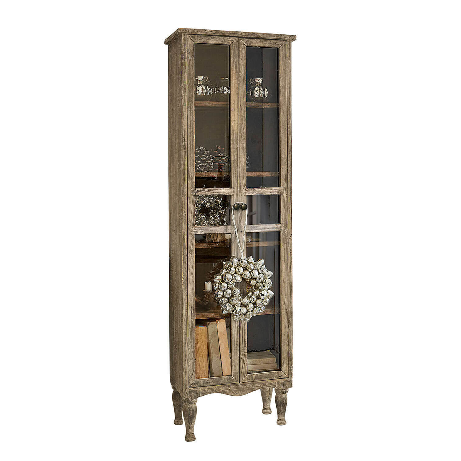 Kast Covent Garden Smalle houten vitrinekast met glazen deuren en decoratieve krans, rustiek meubelstuk