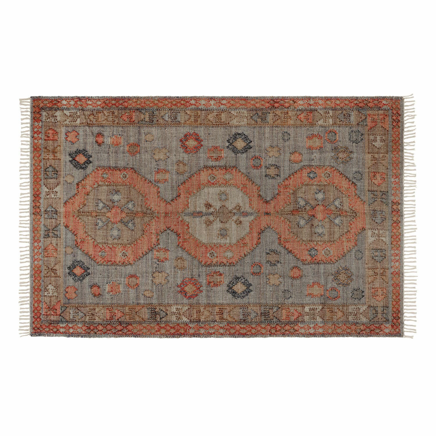 Tapis Exeter Tapis vintage gris et orange avec motifs géométriques et franges sur les côtés