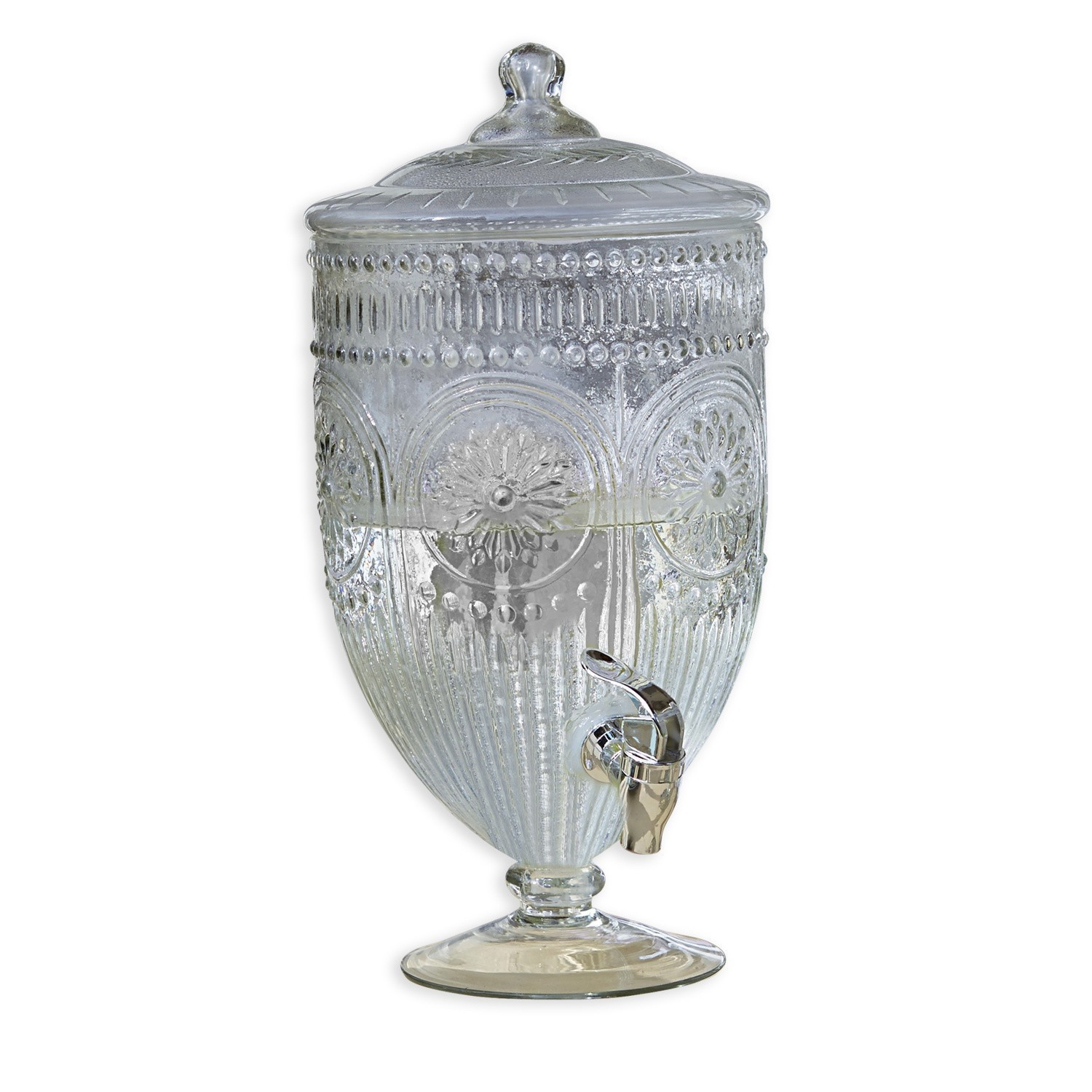 Distributeur de boisson Mercure Distributeur de boissons en verre transparent avec couvercle et robinet chromé, motif décoratif