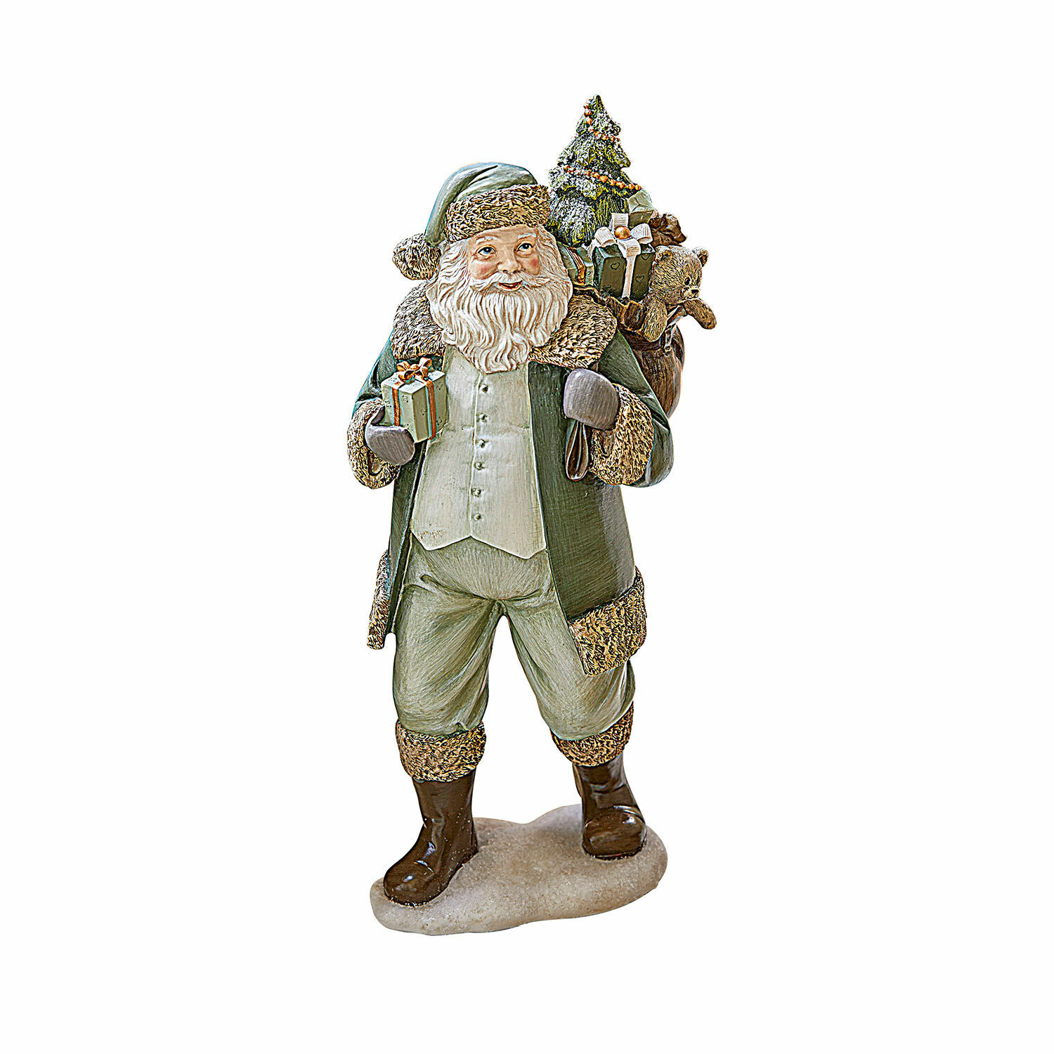 Decoratieve kerstman Douilly Kerstmanfiguur in groene jas met cadeaus en teddybeer op de rug, kerstdecoratie