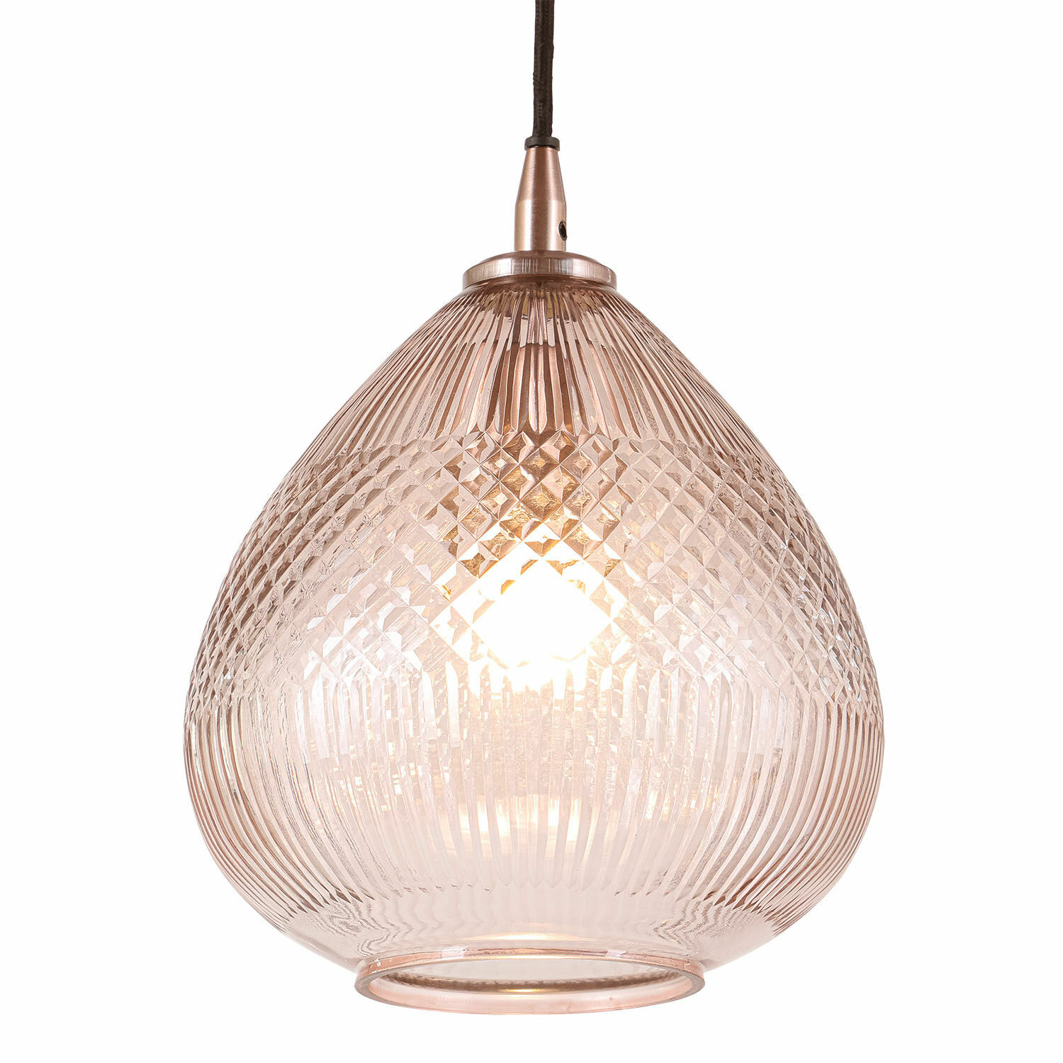 Hanglamp Drélinette Glazen hanglamp met koperen afwerking en diamantpatroon, decoratieve plafondlamp