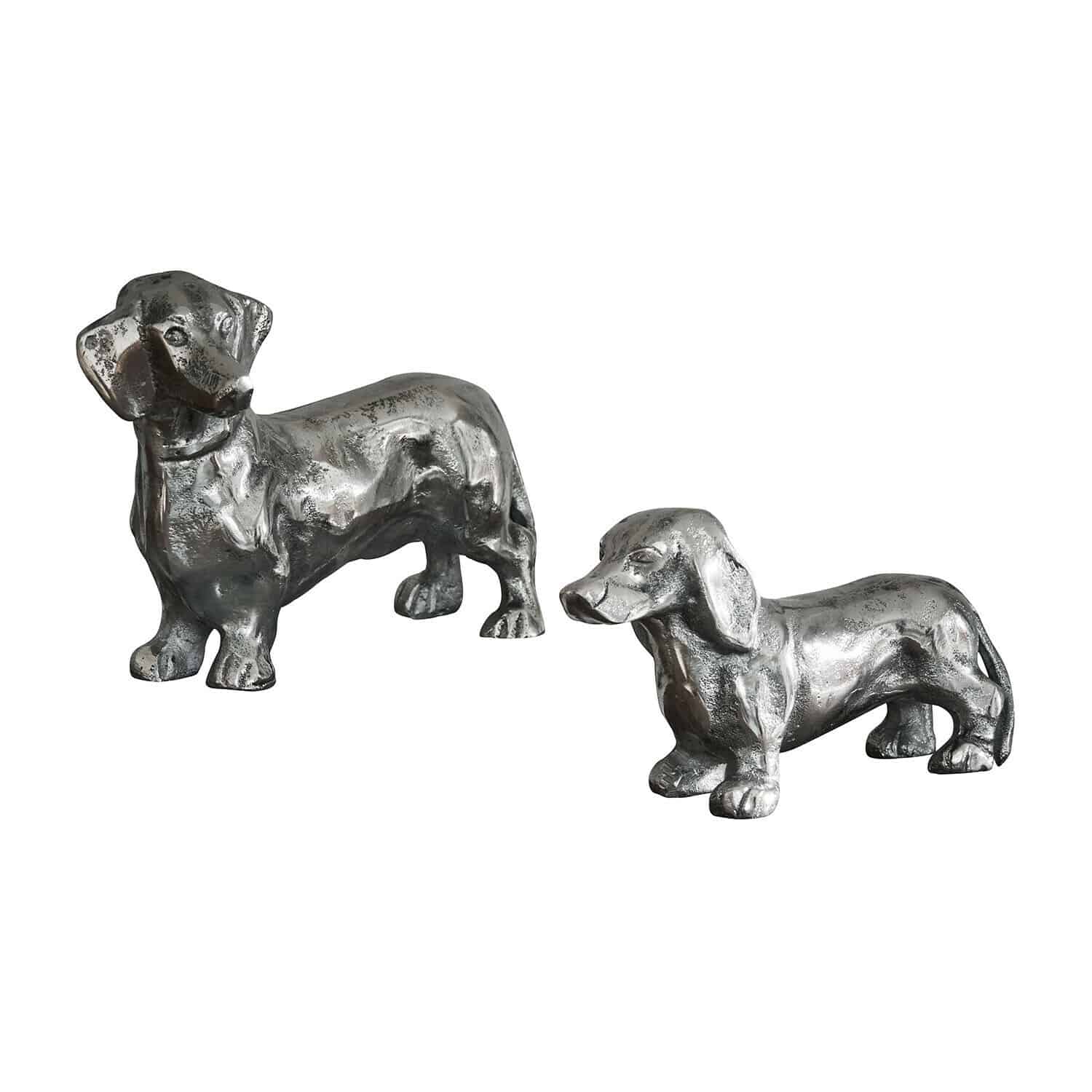 Lot de 2 chiens décoratifs Calwen Deux figurines de teckels en métal argenté, décoration intérieure avec motif chien, ornement de table
