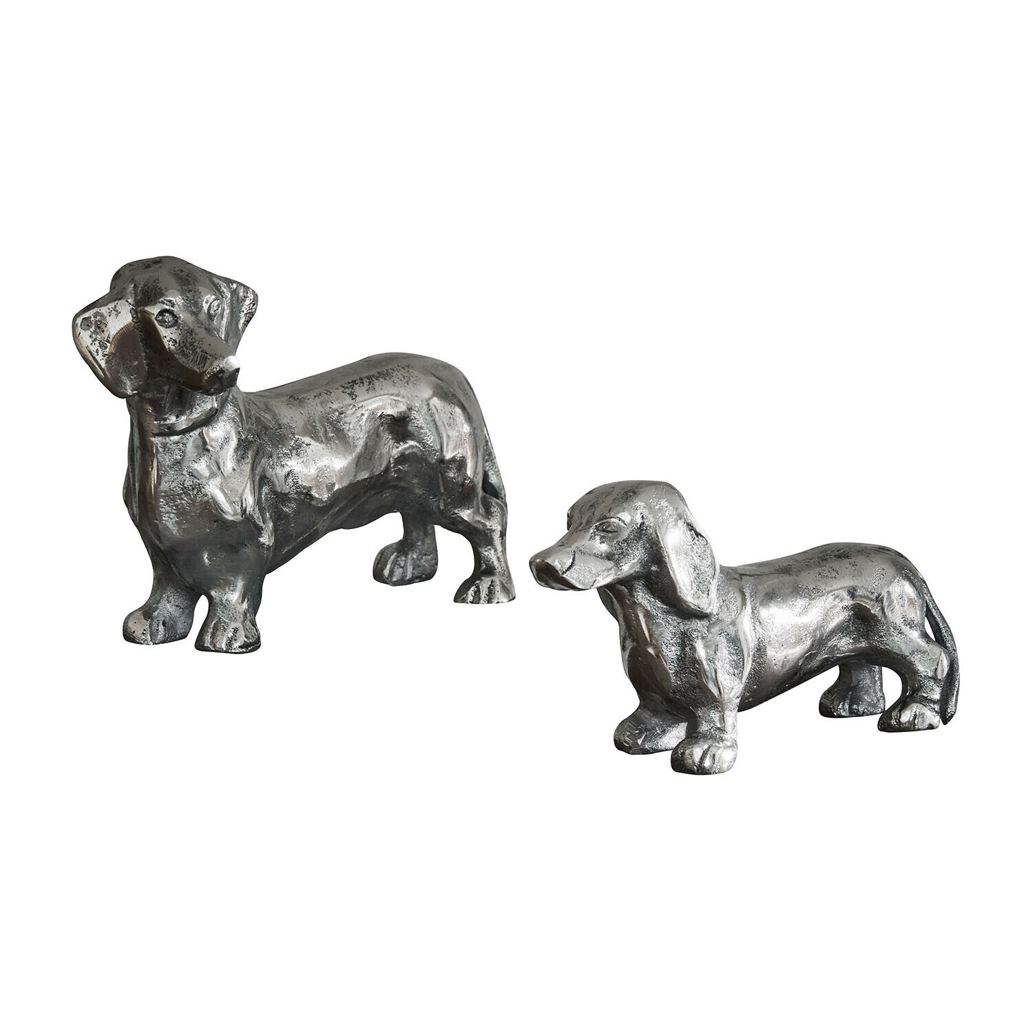 Decoratieve hond set van 2 Calwen Twee zilverkleurige metalen teckelbeeldjes, interieurdecoratie met hondenmotief, tafeldecoratie