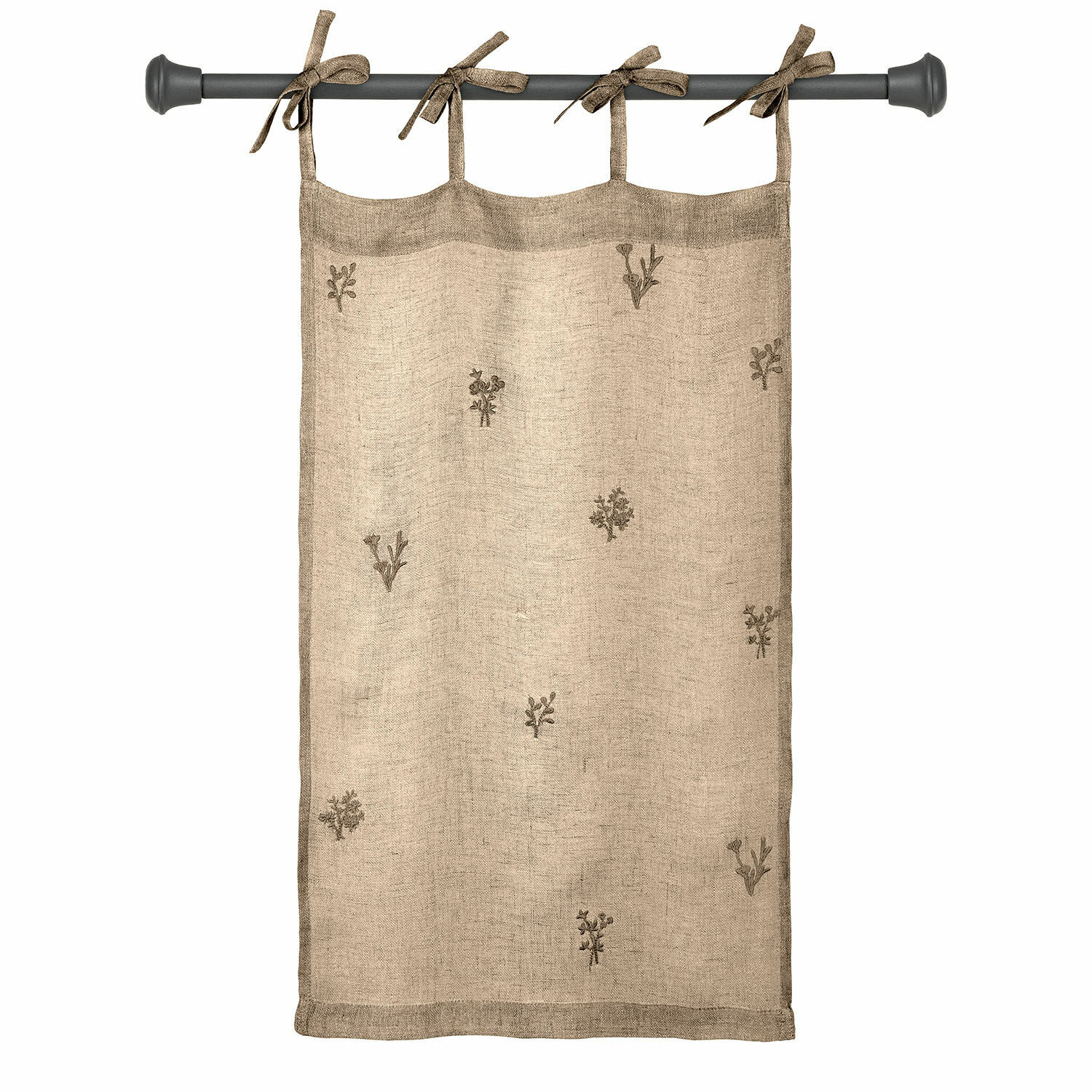 Vitrage Arceline Beige linnen gordijn met bruine bloemrijke borduursels en striklinten om op te hangen