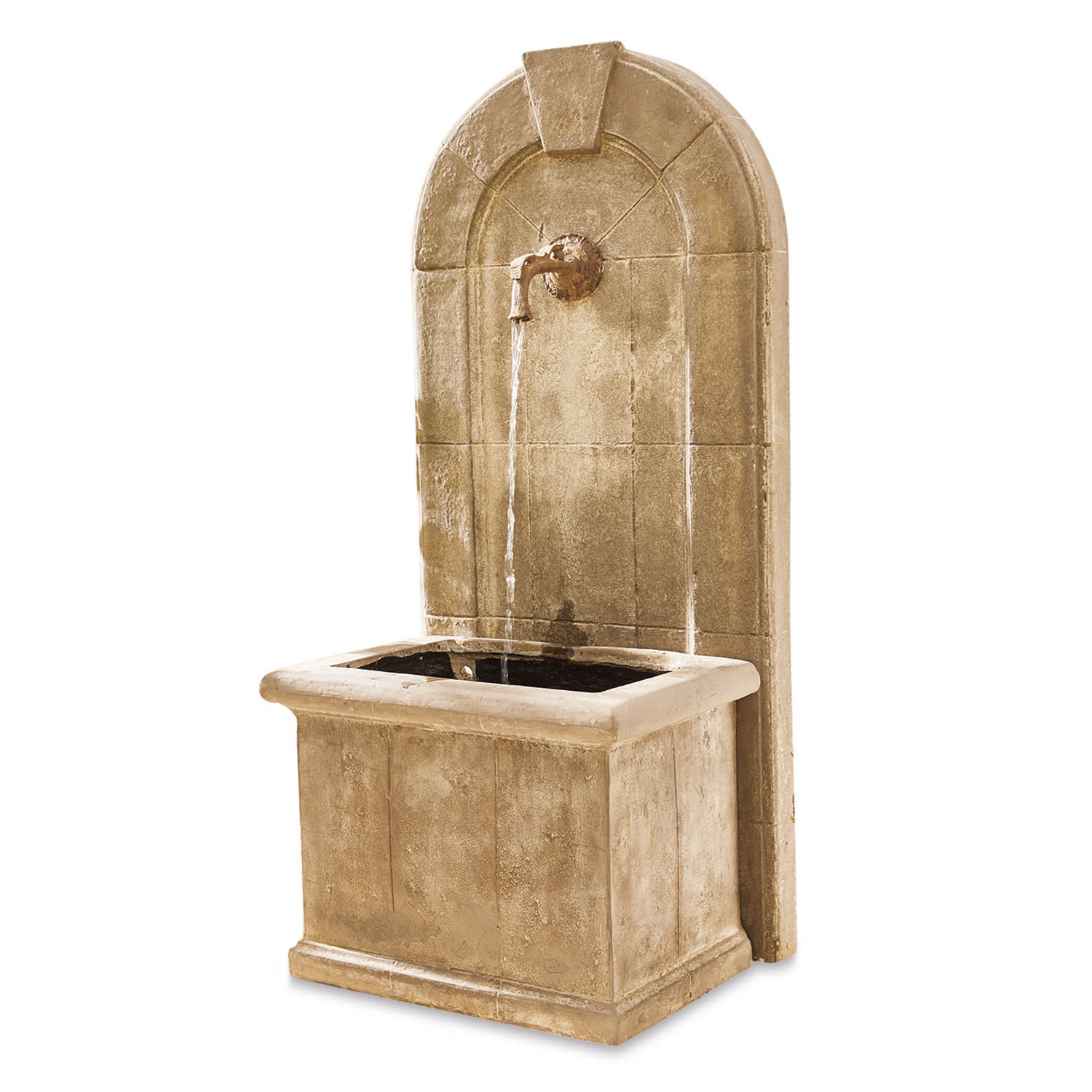 Fontaine Ginette Fontaine murale décorative en pierre beige avec robinet en métal et écoulement d'eau
