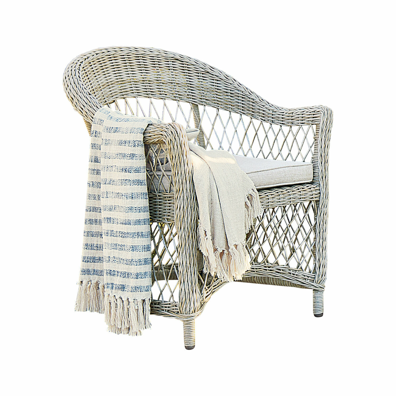 Fauteuil Lézardrieux Fauteuil en rotin clair avec coussin et deux plaids, meuble confortable pour salon ou jardin