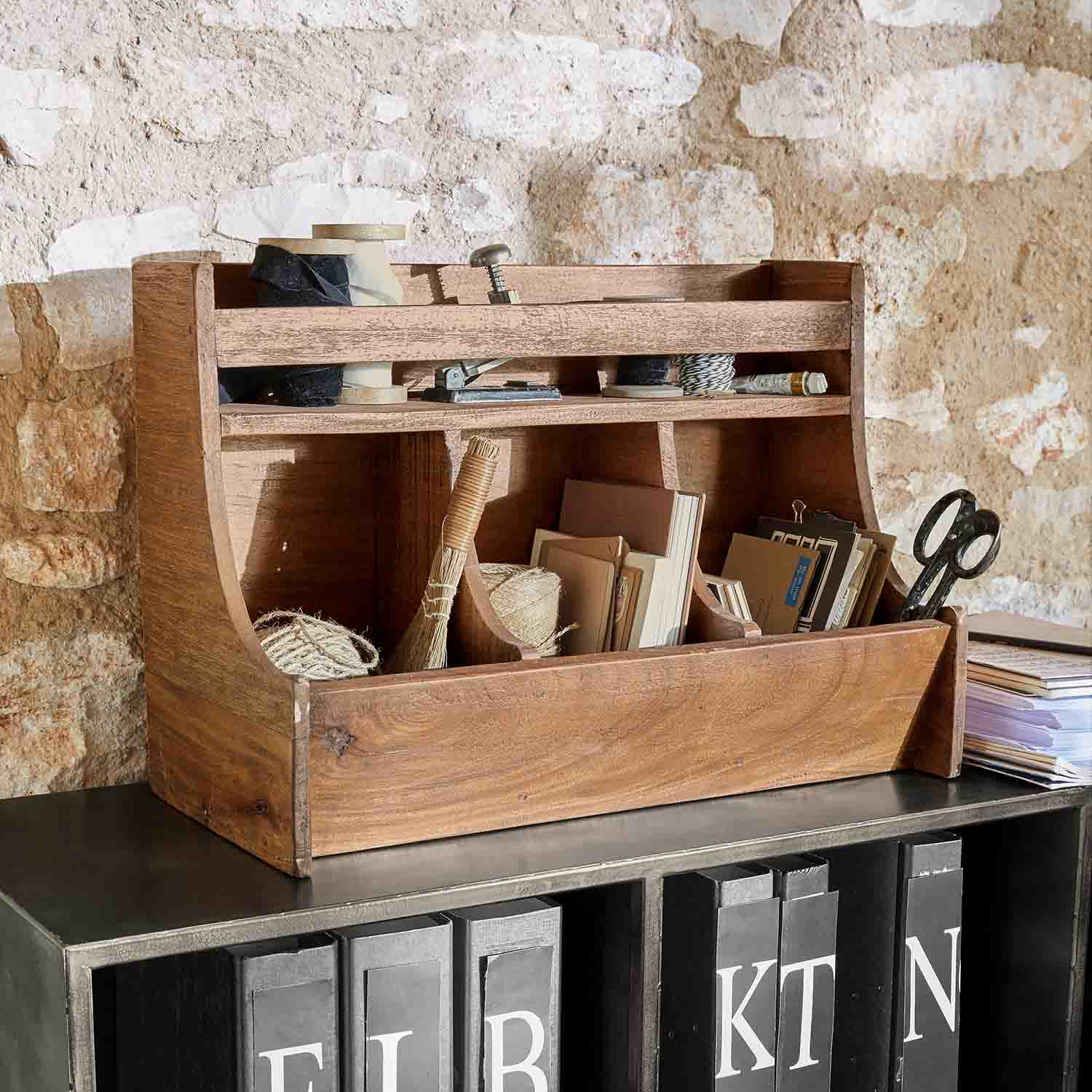 Houten bureau-organizer met vakken voor documenten en kantoorbenodigdheden, natuurlijke houtkleur