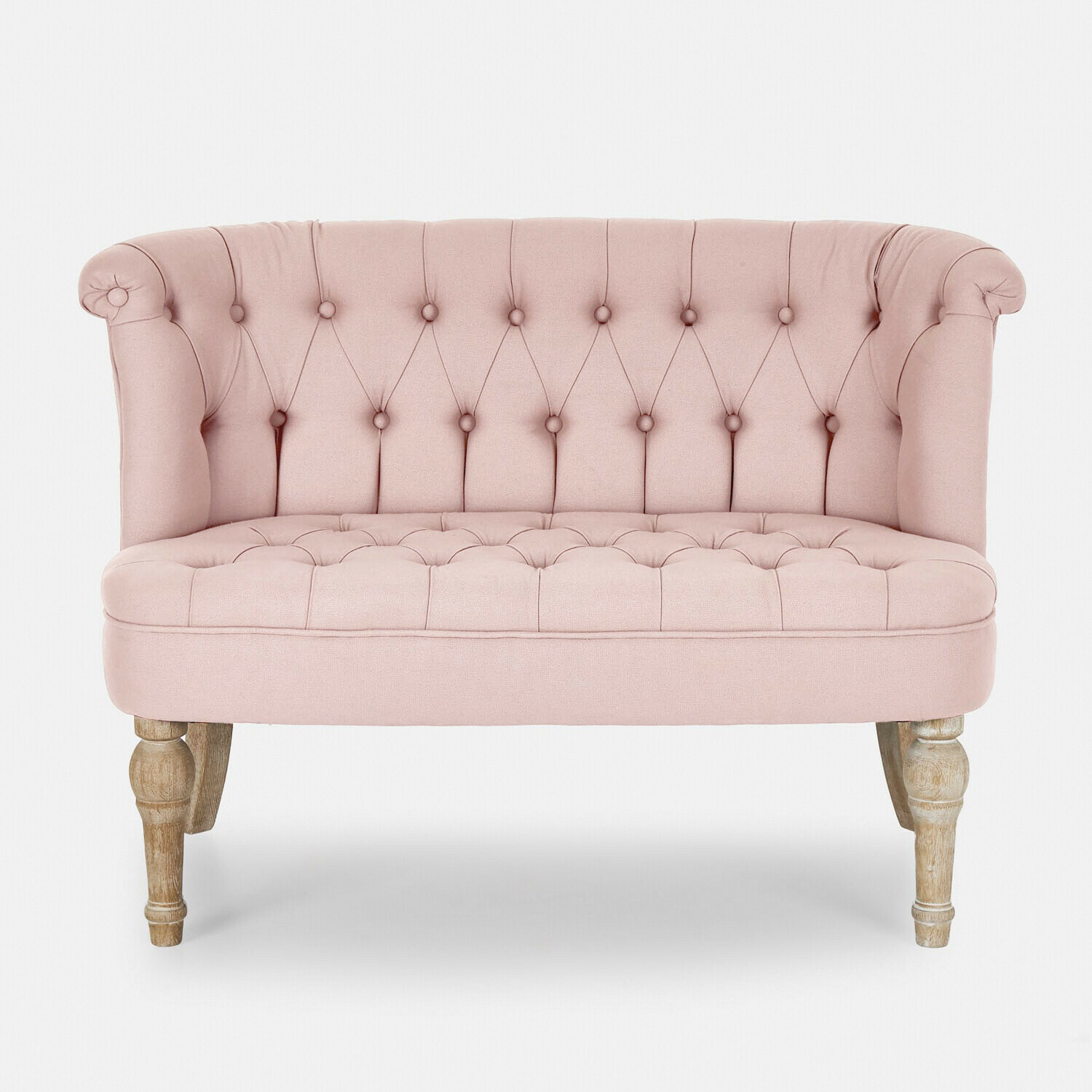 roze Roze gestoffeerde Weralin bank met houten poten, elegante woonkamermeubel