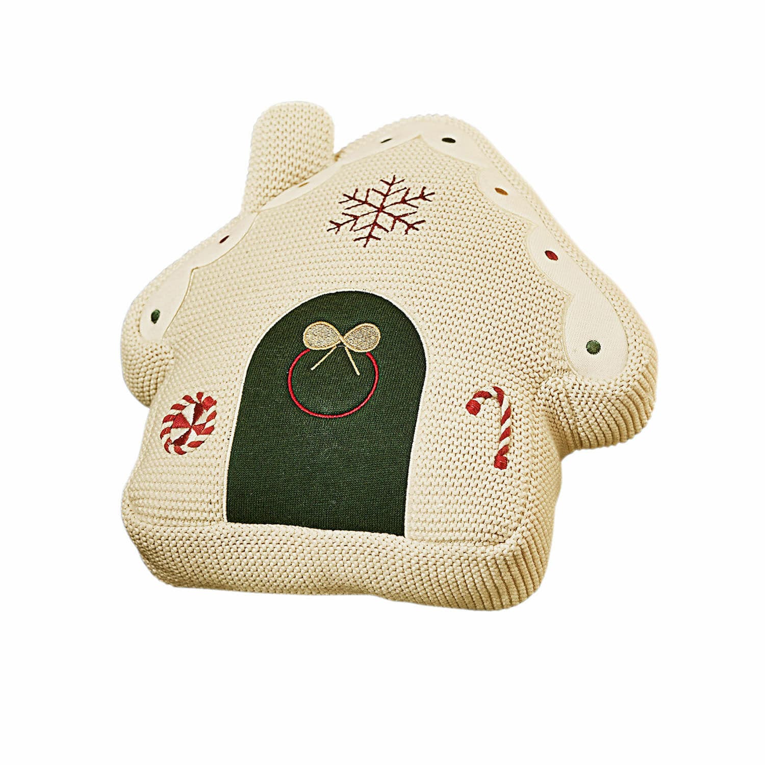 Stoffen peperkoekhuisje Skavari Beige kussen in huisvorm met groene deur en gebreide kerstmotieven als feestelijke decoratie