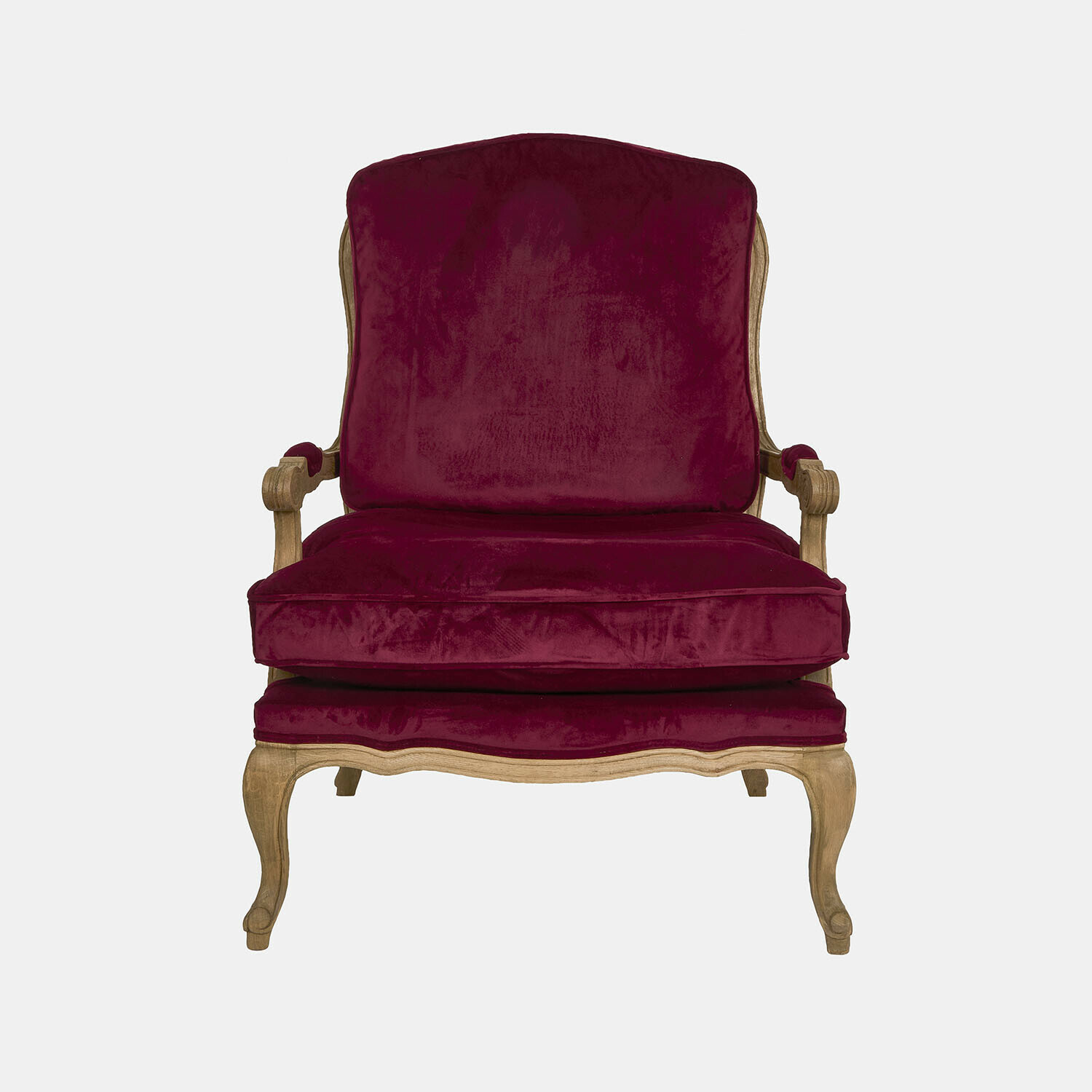 Fauteuil Corlay en velours bordeaux avec cadre en bois marron, meuble élégant pour salon