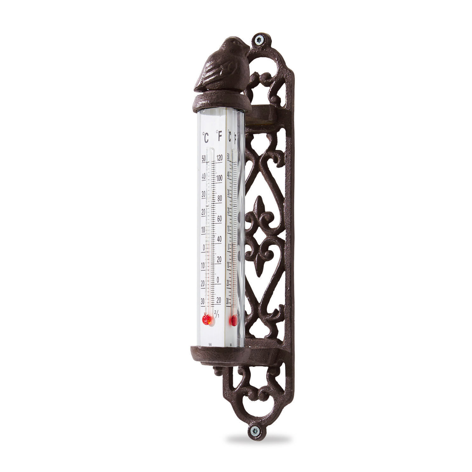 Thermomètre Binyamin Thermomètre décoratif en fonte marron avec motif d'oiseau et double échelle de température