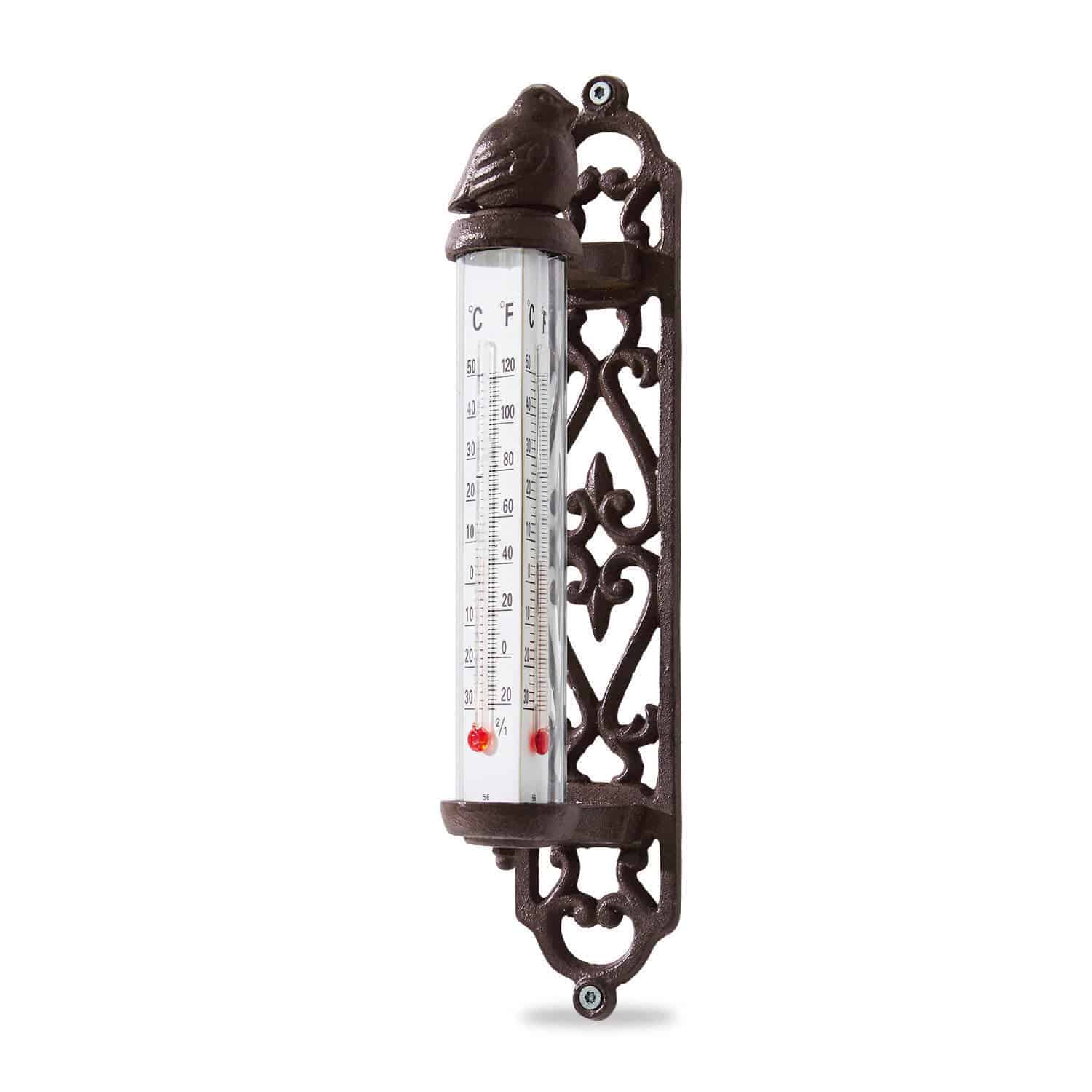Thermometer Binyamin Decoratieve bruine gietijzeren thermometer met vogelmotief en dubbele temperatuurschaal