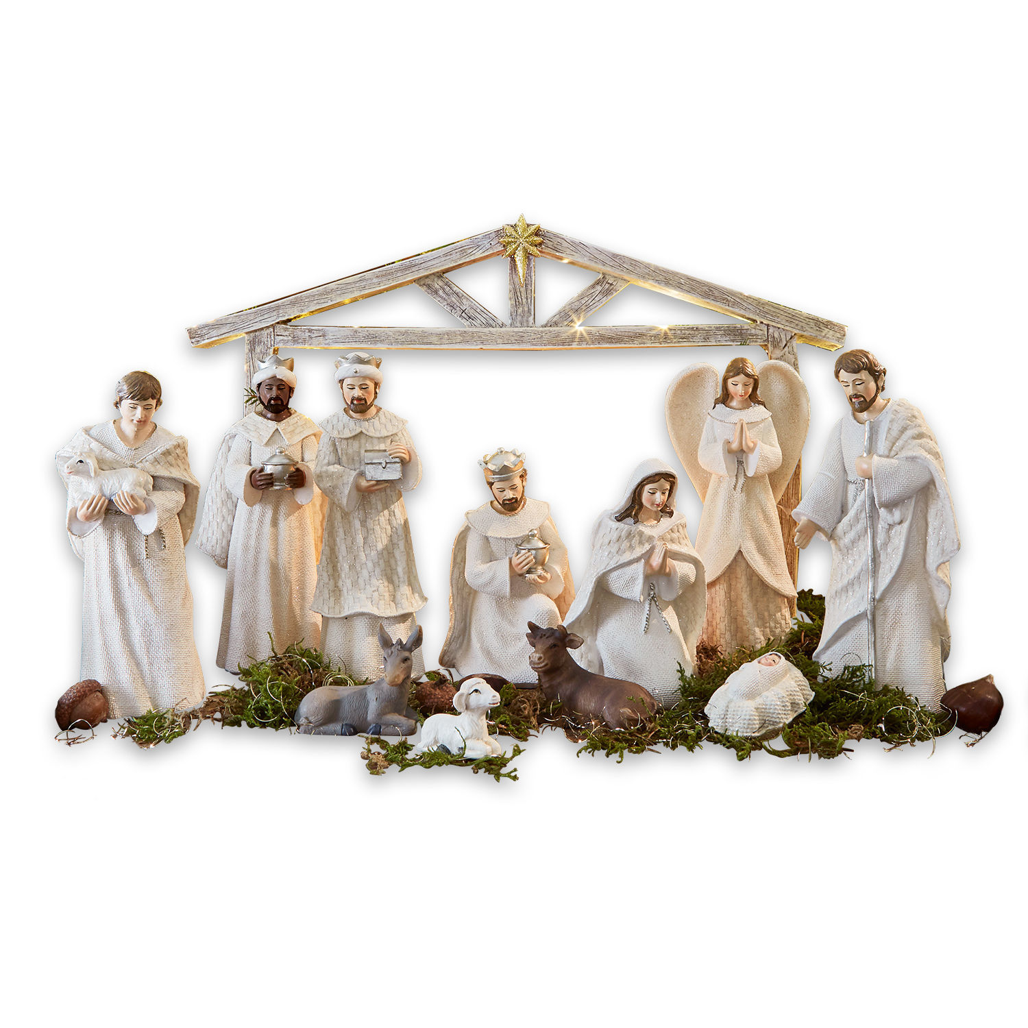Kerststalfiguur set van 12 Santo Set witte kerststalfiguren van hout en stof met LED-verlichting