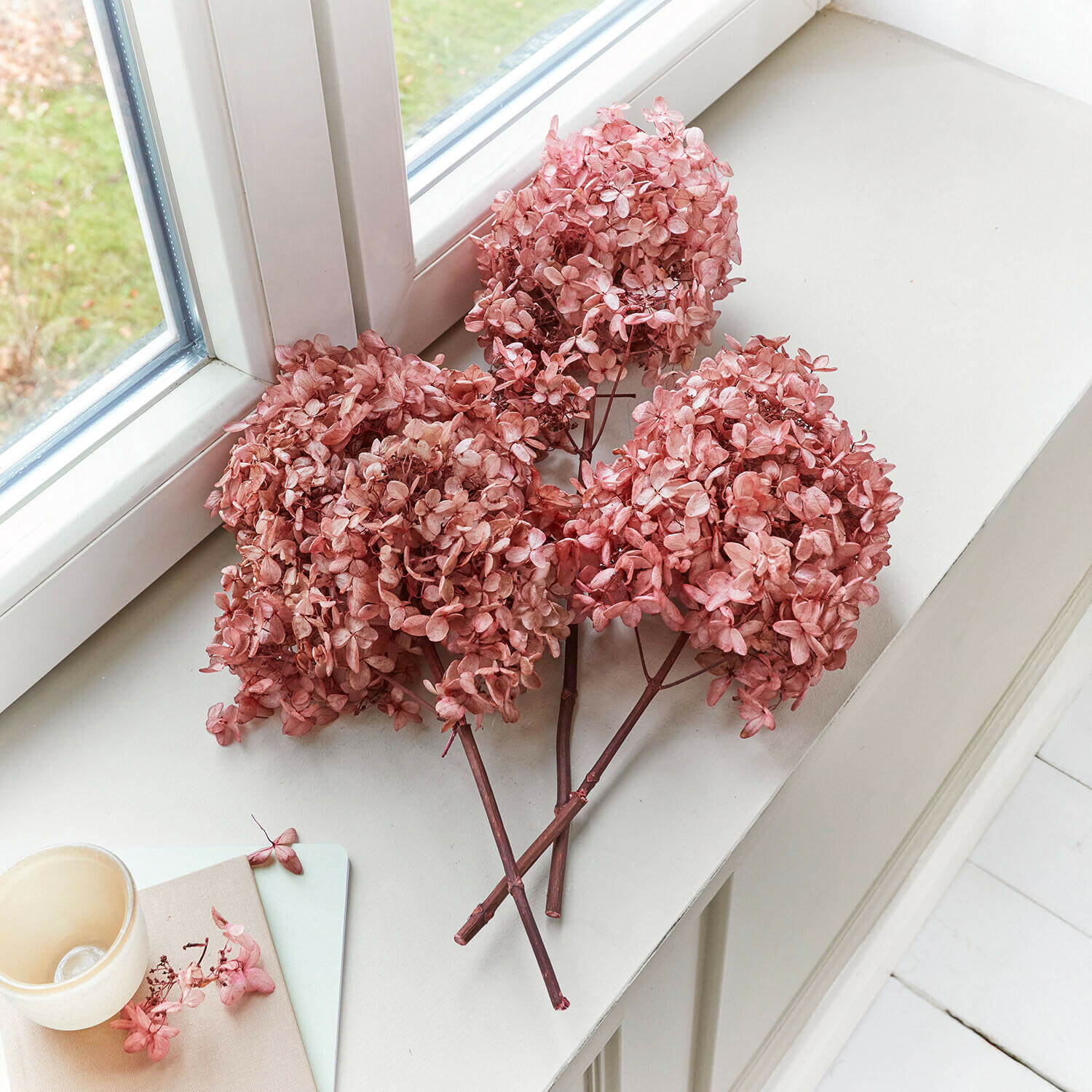 Droogbloem set van 3 Amélorie Gedroogde roze hortensia bloemen op een witte vensterbank voor interieurdecoratie