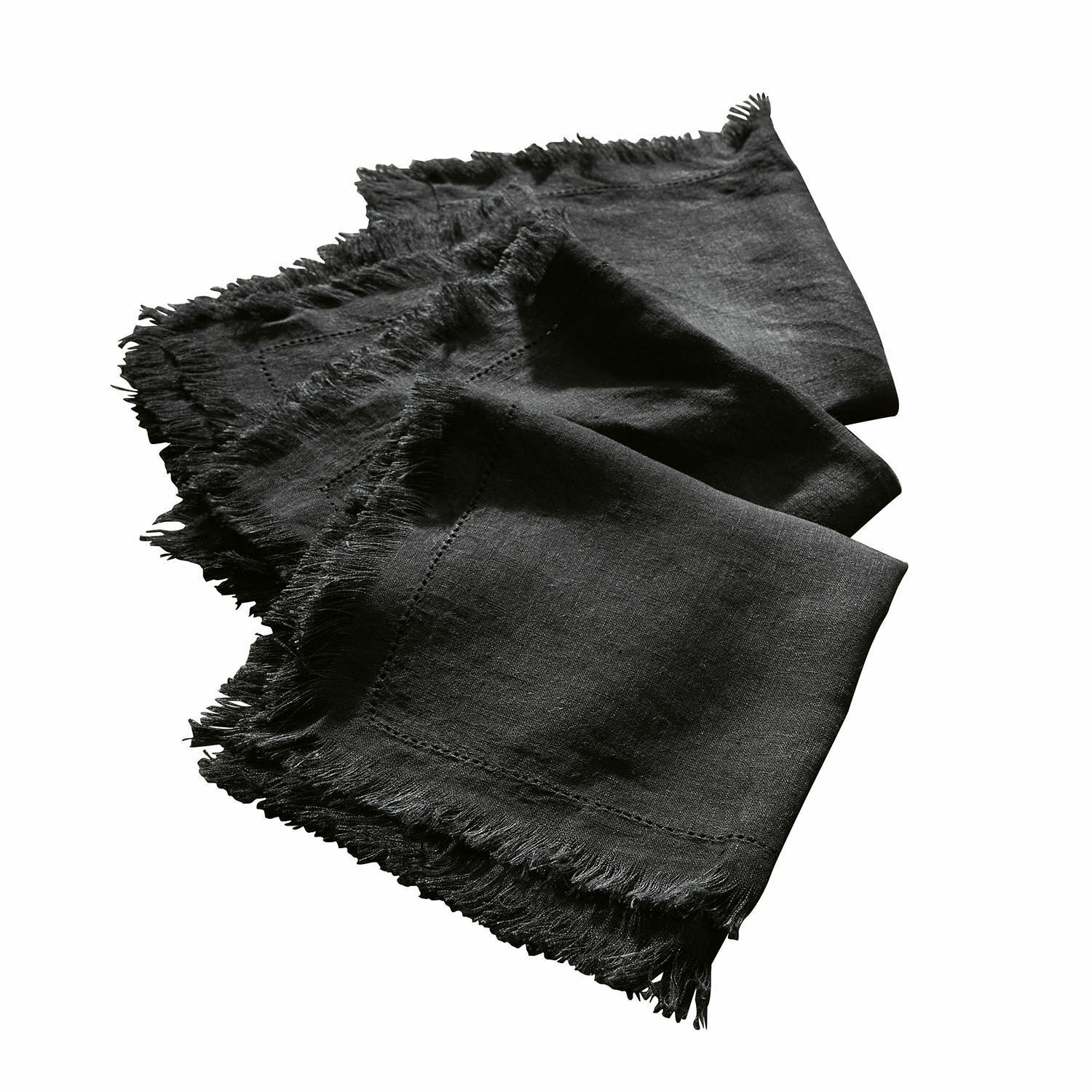 Servet set van 4 Pibrac Zwart linnen servet met franjes, decoratief tafelaccessoire van natuurlijk materiaal