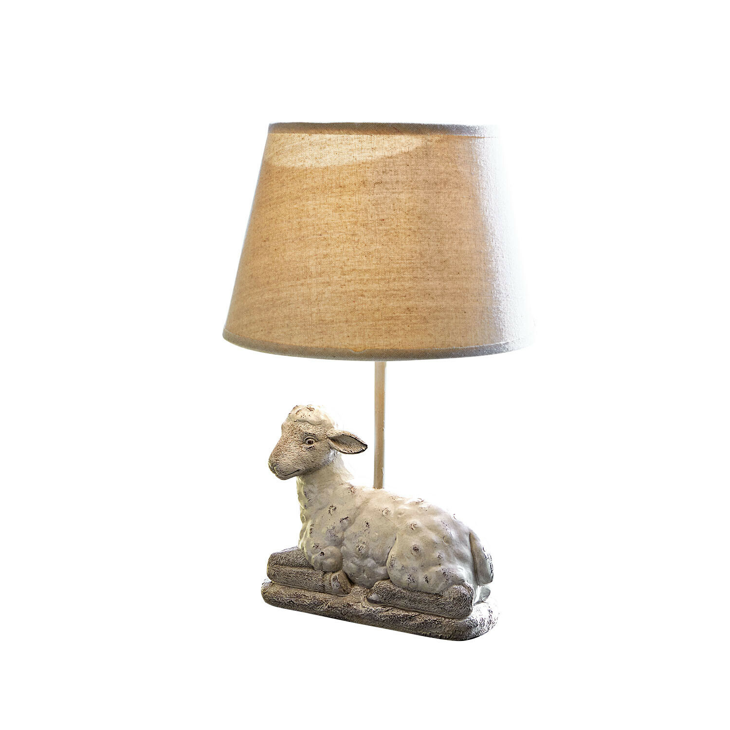 Tafellamp Séverac Tafellamp met beige stoffen kap en basis in de vorm van een liggend schaap van kunststeen