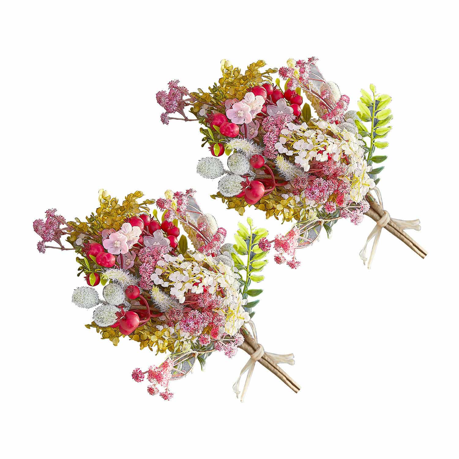 Sierboeket set van 2 Selivane Boeket kunstbloemen in roze, wit en groen met rode bessen, decoratie voor in huis