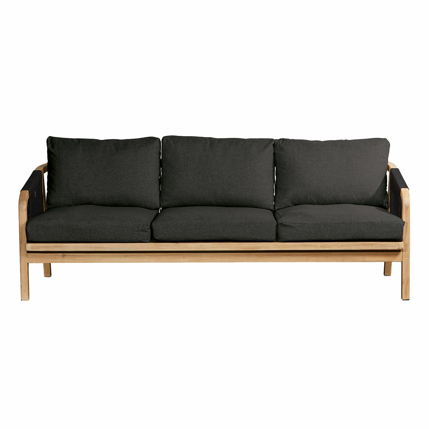 Canapé Shreveport trois places en bois FSC brun avec coussins anthracite en tissu confortable