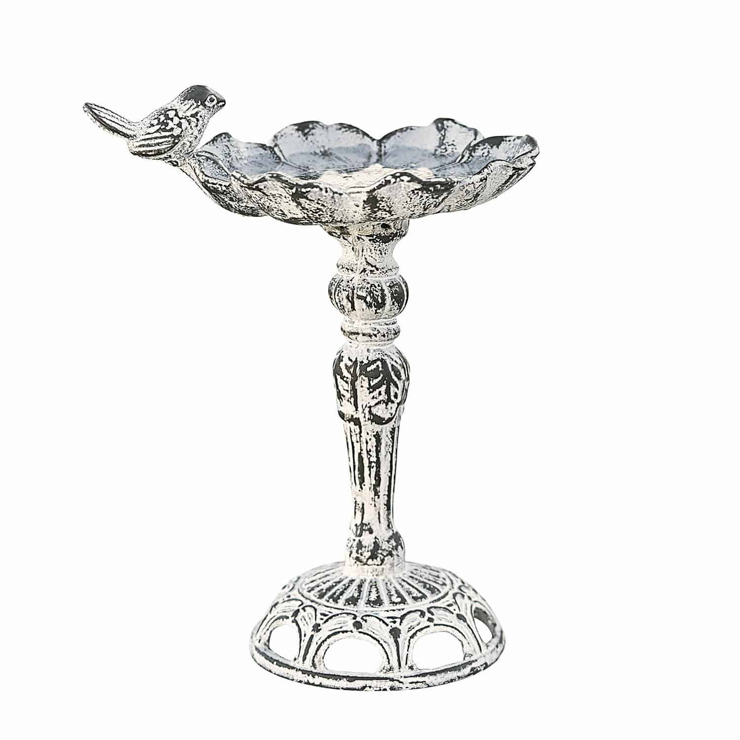 Abreuvoir pour oiseaux Petrofani Coupe en métal blanc sur pied avec oiseau décoratif, accessoire de jardin au style vieilli