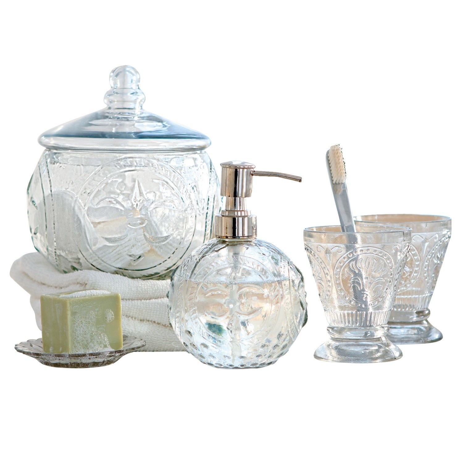 Set de salle de bains Luton Ensemble de salle de bain en verre transparent avec distributeur et pot décoré de motifs élégants