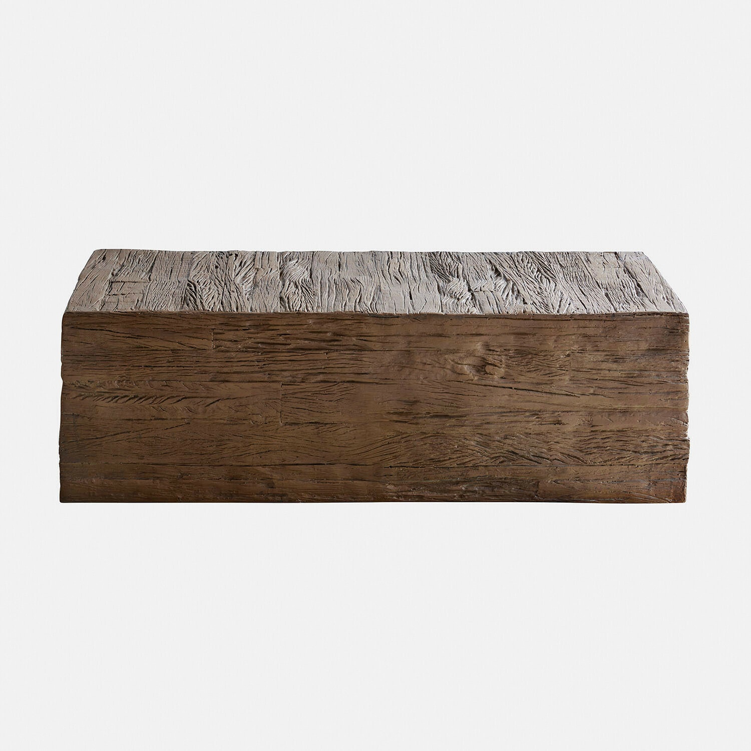 Table basse rectangulaire en bois brun avec texture bois marquée pour salon moderne