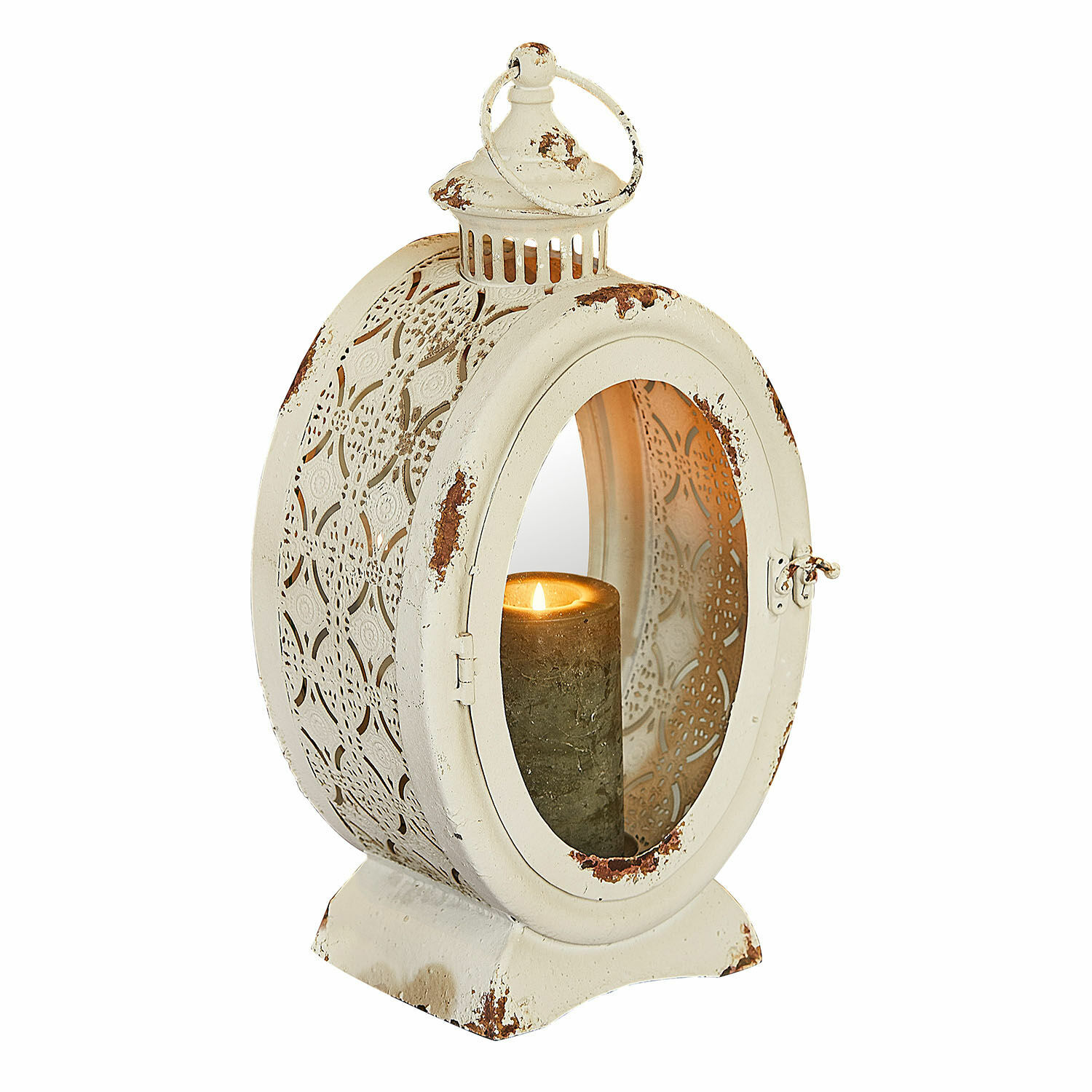 Lanterne Sublimelle Lanterne décorative en métal crème avec motif ajouré et effet vieilli pour ambiance chaleureuse