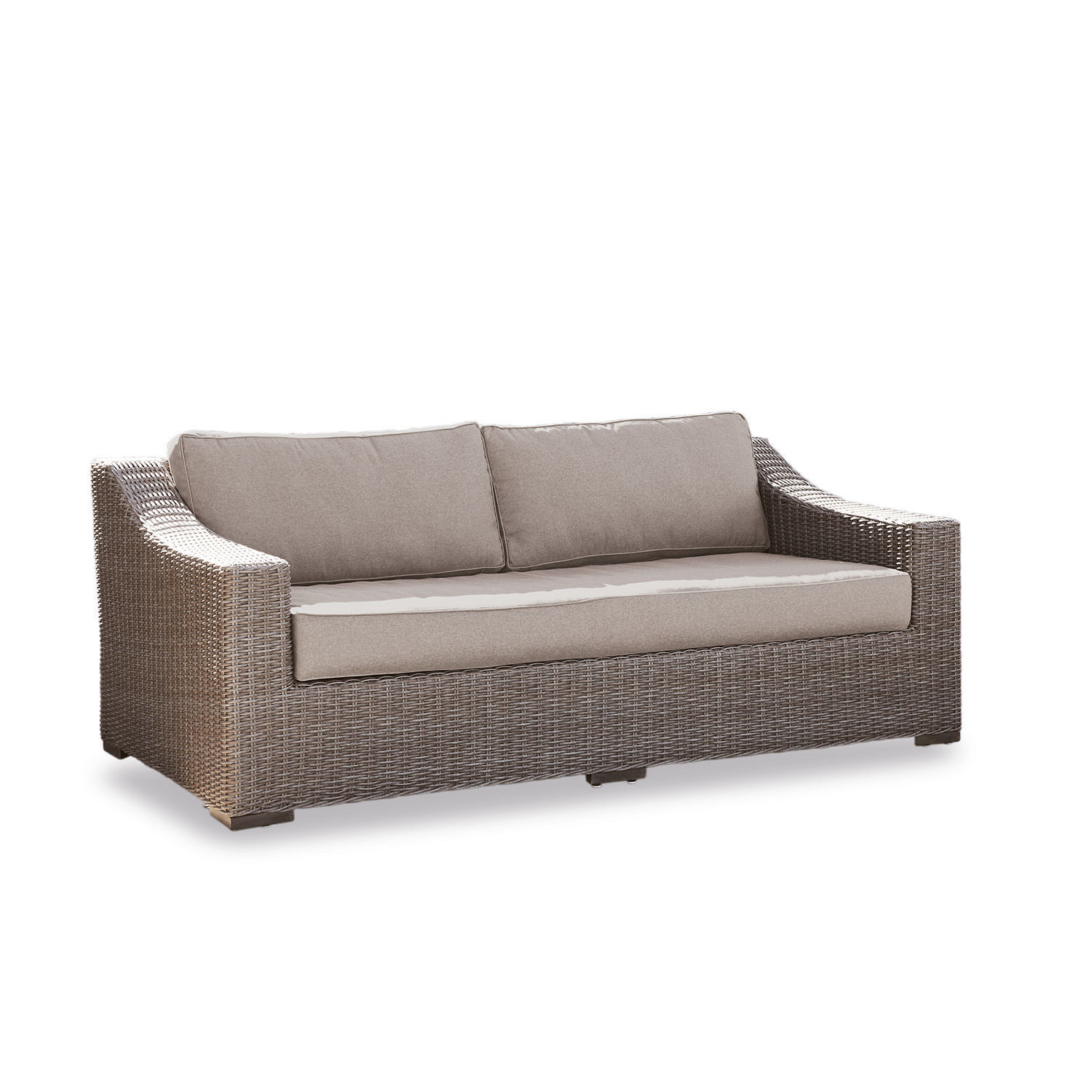 Canapé en rotin marron avec coussins beige, mobilier de jardin confortable pour terrasse