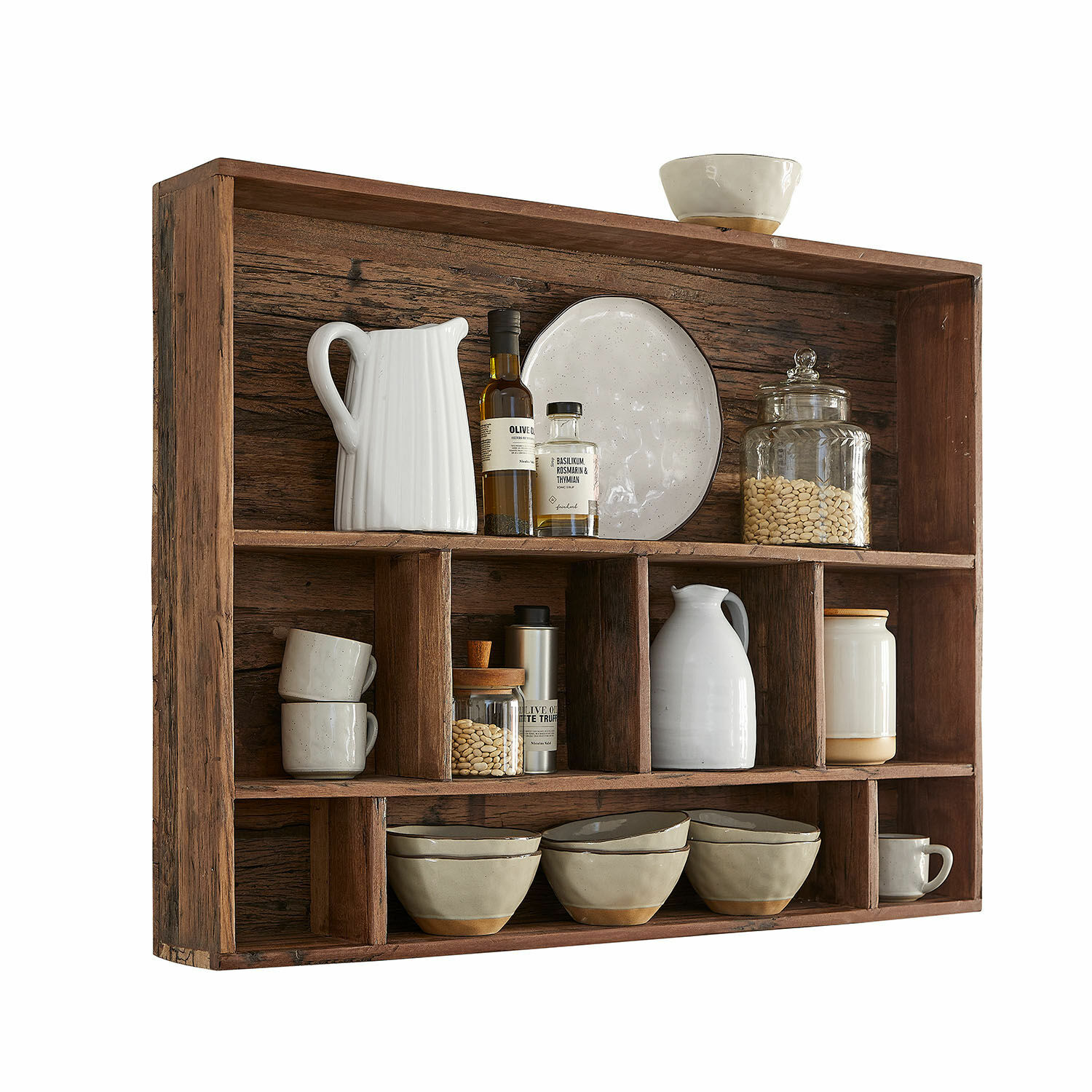 Étagère murale Tresienne Étagère murale en bois rustique avec céramiques et épices pour cuisine au style naturel