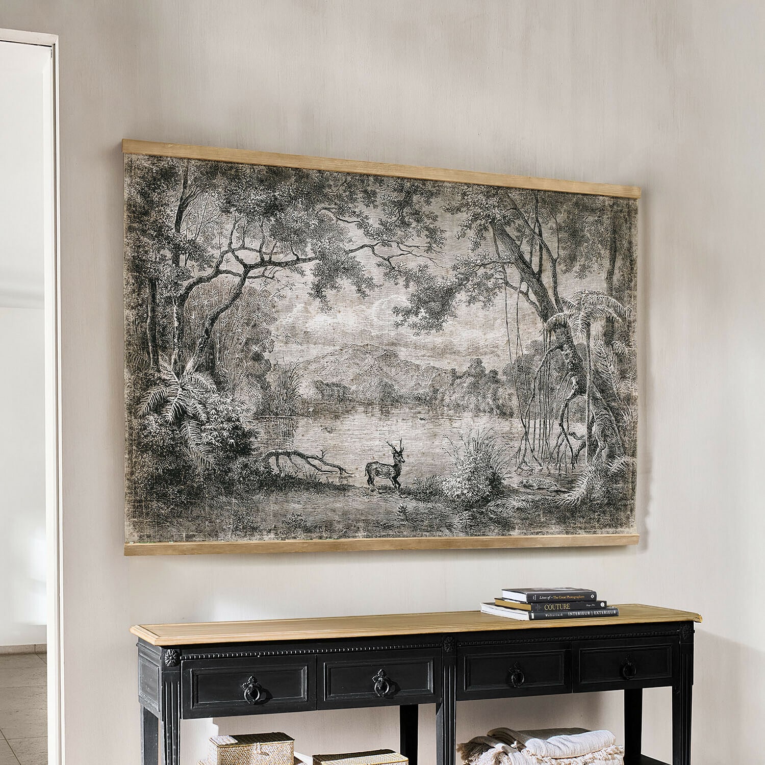 Tableau Cressley Tableau mural noir et blanc représentant un paysage avec un cerf, décoration intérieure élégante