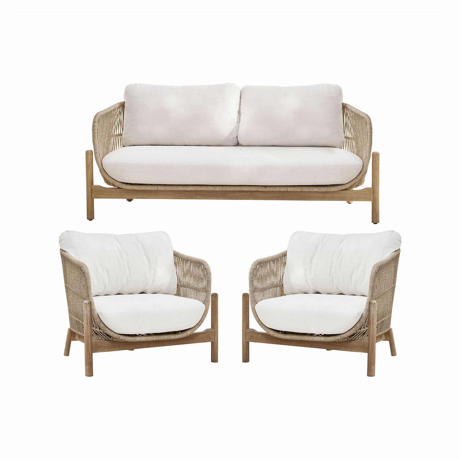 Tuinset FSC®-100% Belvidere Zitmeubelset van beige rattan met lichtbeige kussens en natuurlijk houten frame