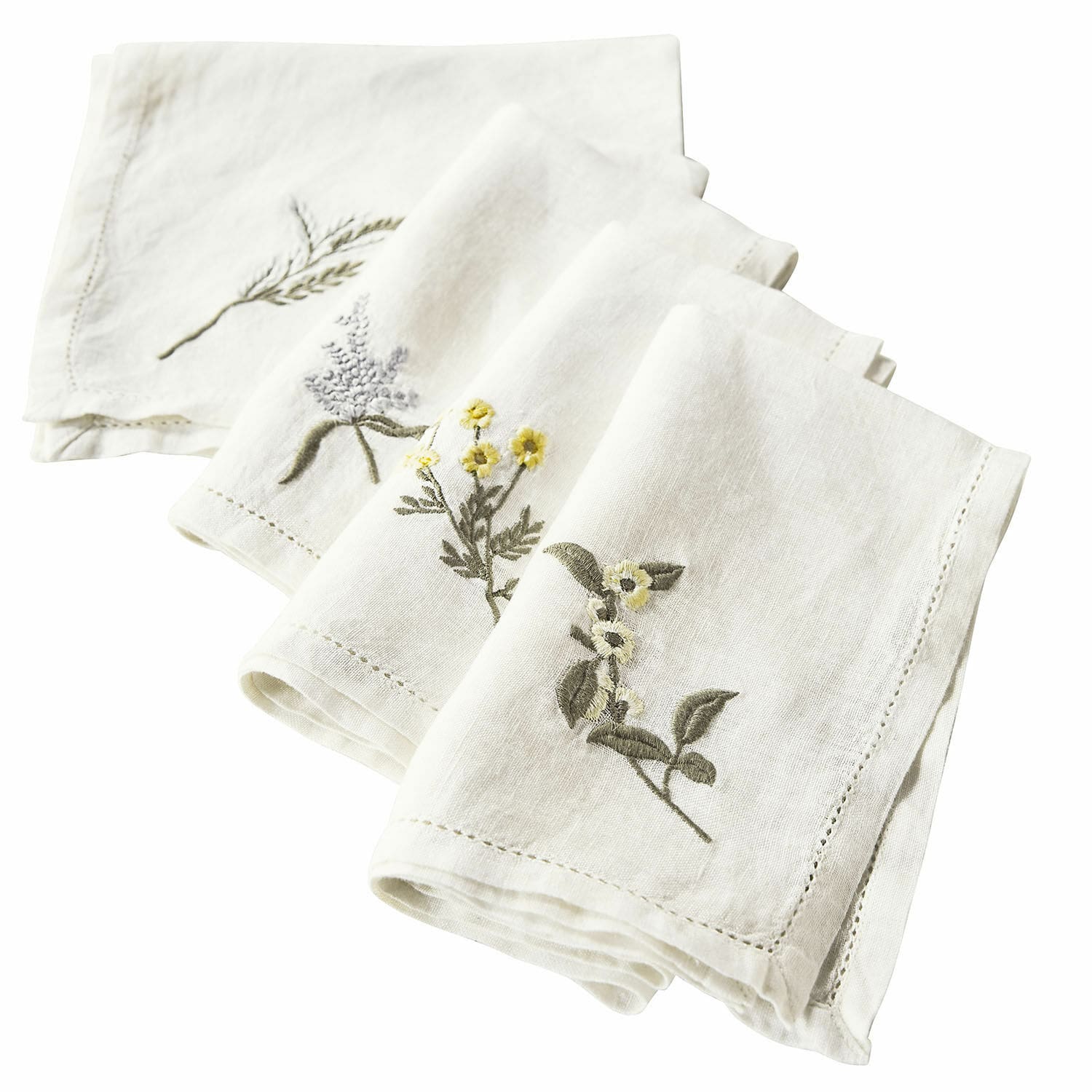 Lot de 4 serviettes Lentilly Ensemble de serviettes en lin blanc avec broderies florales naturelles, décoration de table élégante
