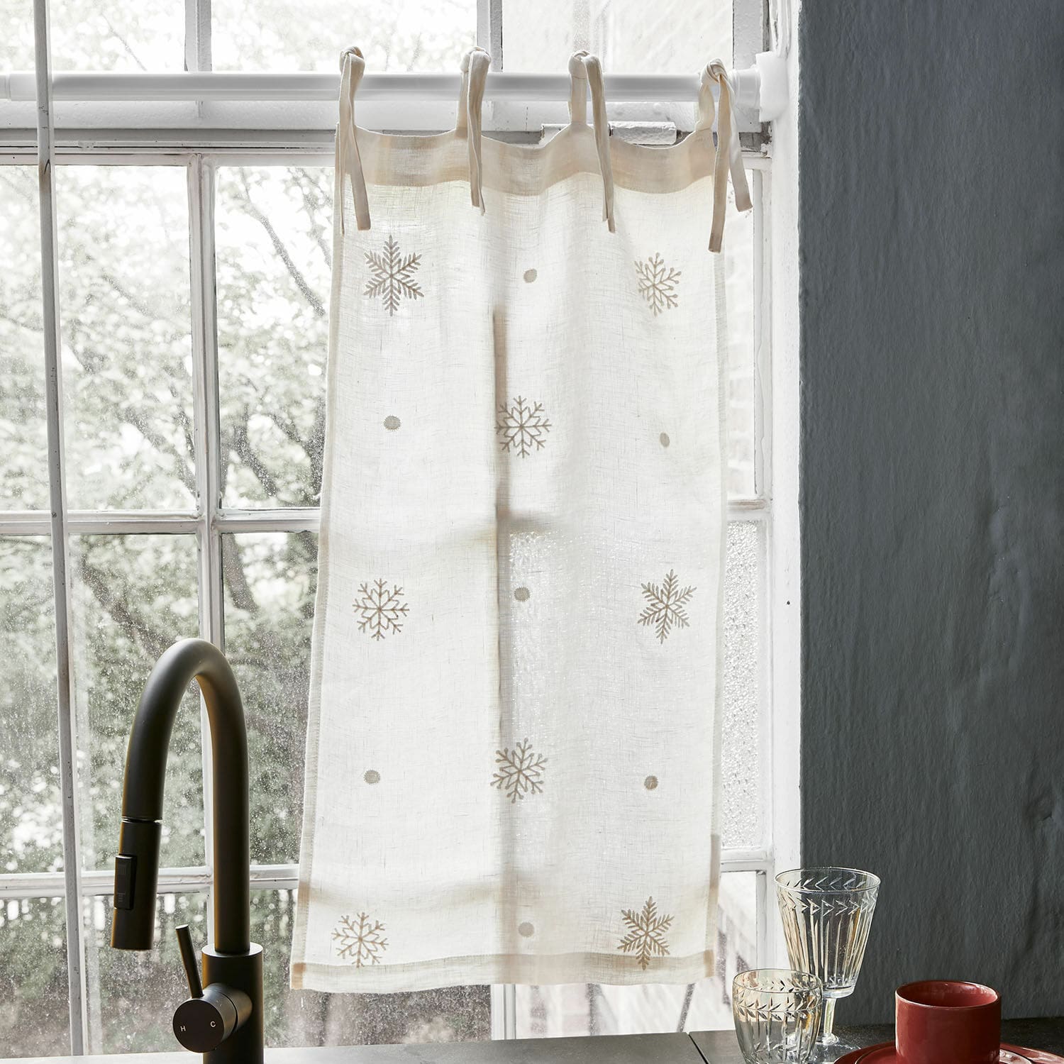 Brise-bise Rashona Rideau en lin beige avec motifs flocons de neige, décoration de fenêtre naturelle pour cuisine, tissu léger