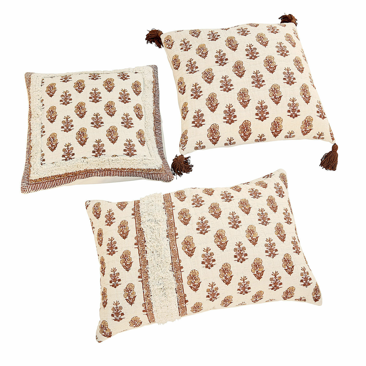 Kussenhoes set van 3 Arsalan Set van drie decoratieve katoenen kussens in crème met bruin bloemenpatroon voor woonkamer