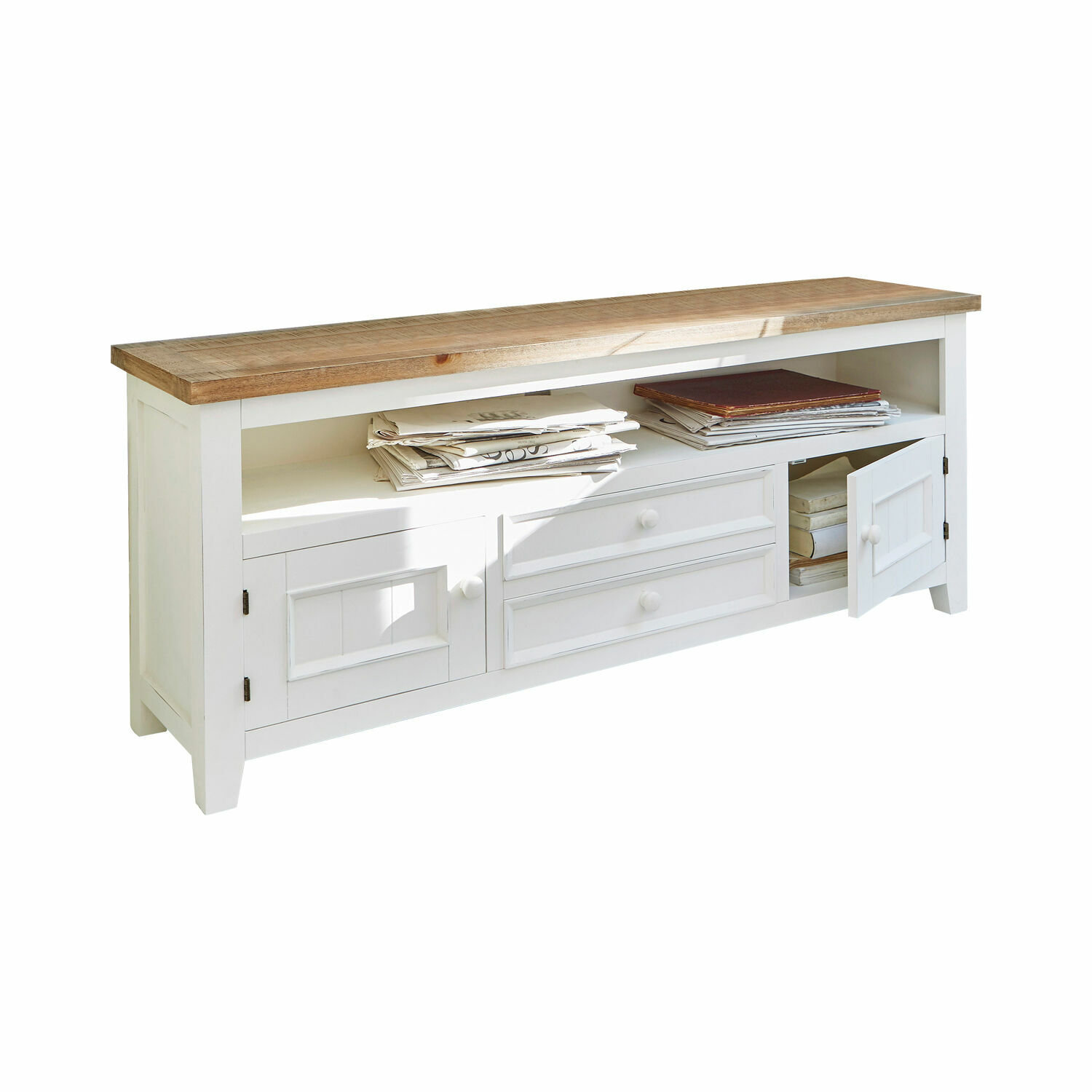 Console Yukon Buffet en bois blanc avec étagères et tiroirs, plateau en bois naturel, meuble de rangement pratique