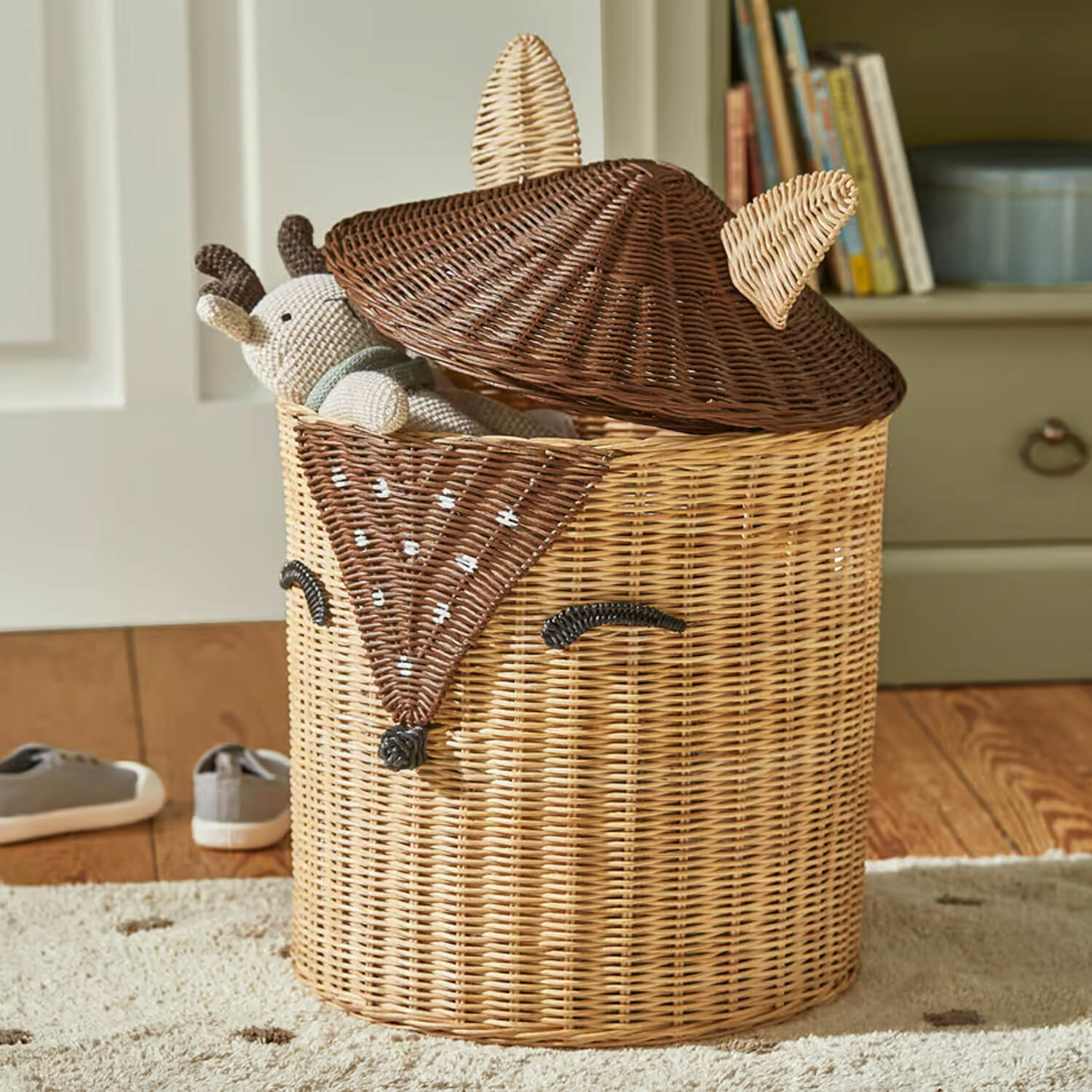 Panier à jouets en rotin en forme de renard marron naturel, rangement pratique pour chambre d'enfant