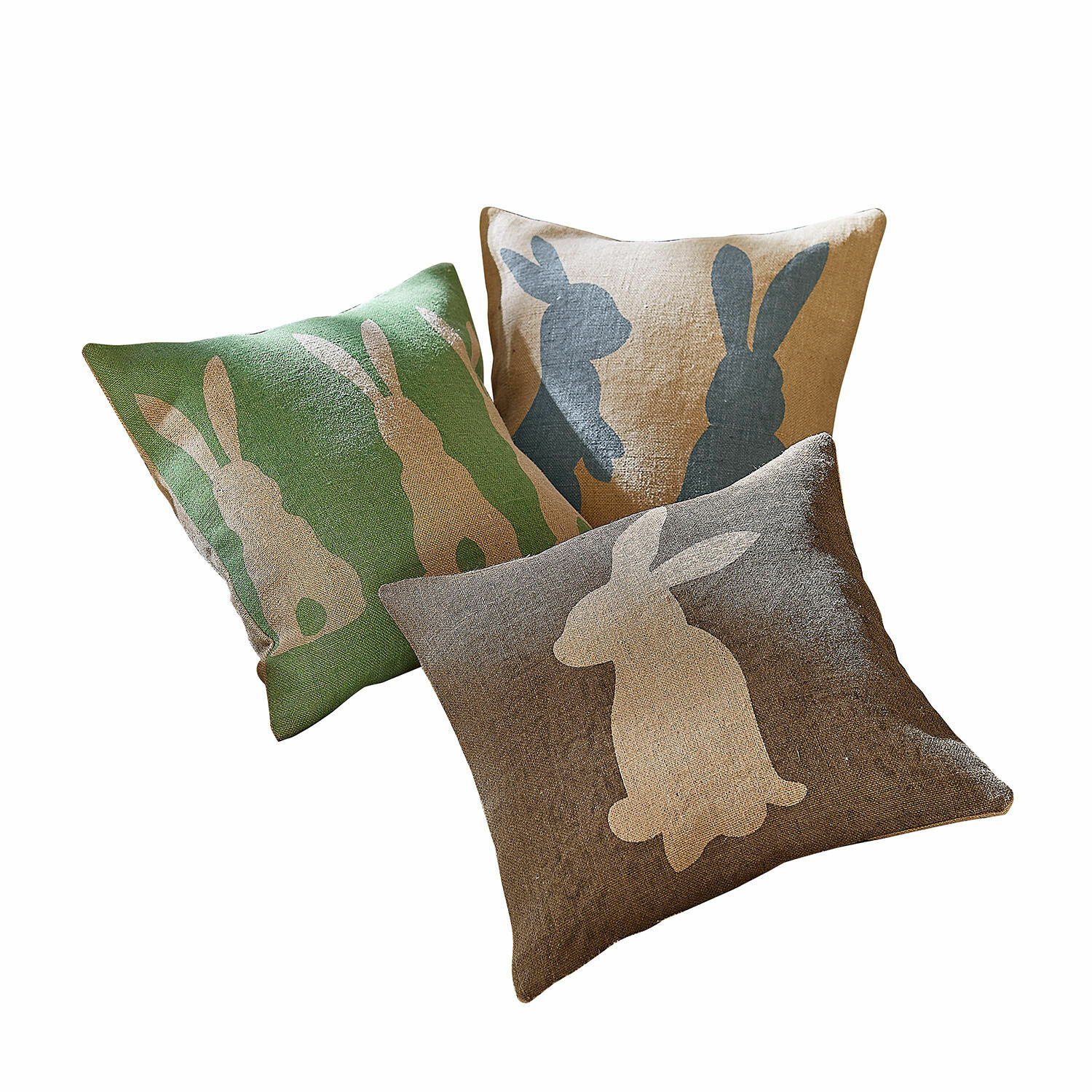 Kussenhoes set van 3 Namirah Set van drie linnen kussens met konijnenmotief in groen, beige en bruin voor woondecoratie