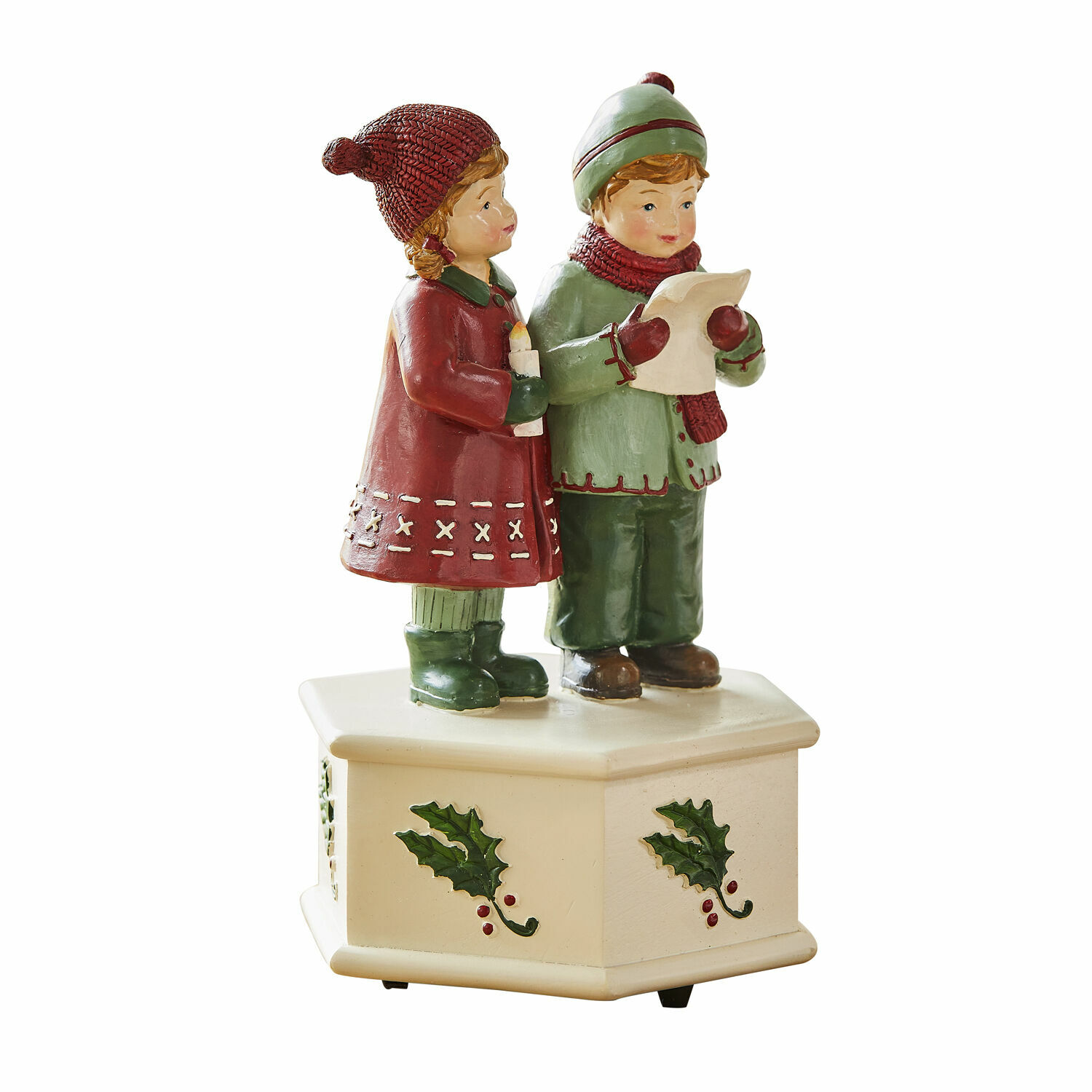 Boîte à musique Kalilah Figurine d'enfants chantant des chants de Noël sur socle crème avec motif houx, décoration festive