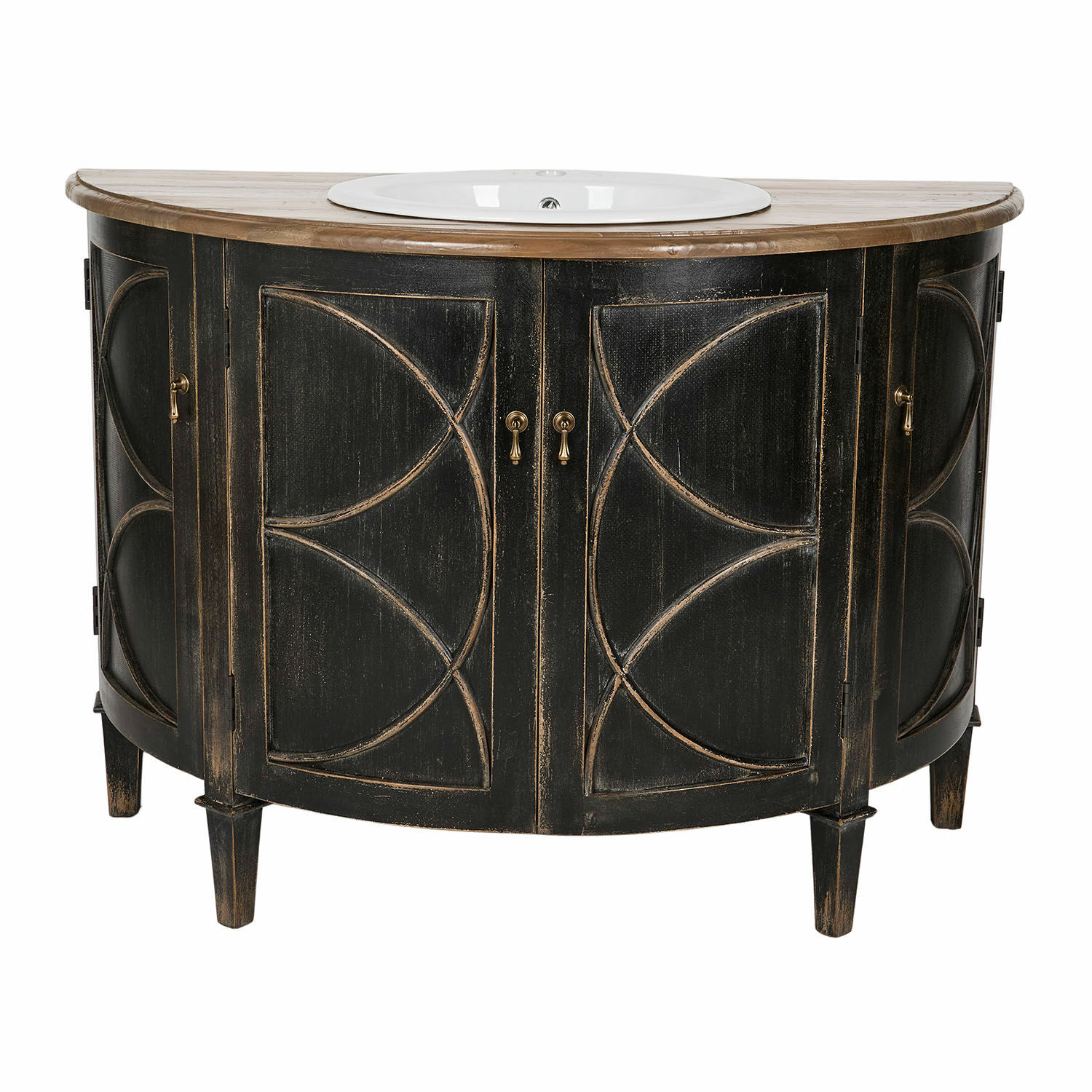 Meuble avec vasque Maison Vertelle Meuble de salle de bain demi-cercle noir avec plateau en bois et lavabo en céramique blanche